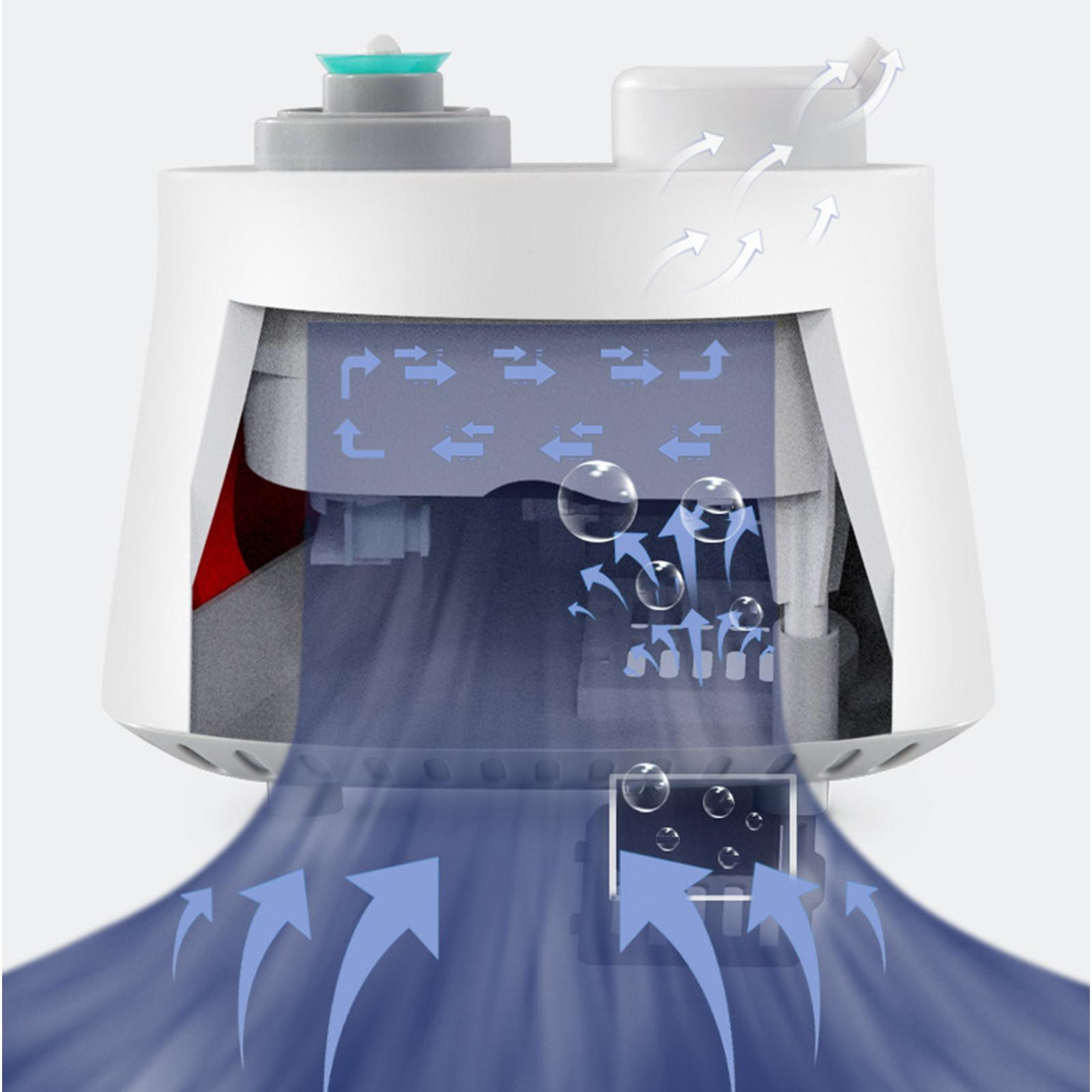 Diagramm eines Luftbefeuchters. Pfeile zeigen den Luftstrom und den aufsteigenden Wasserdampf.