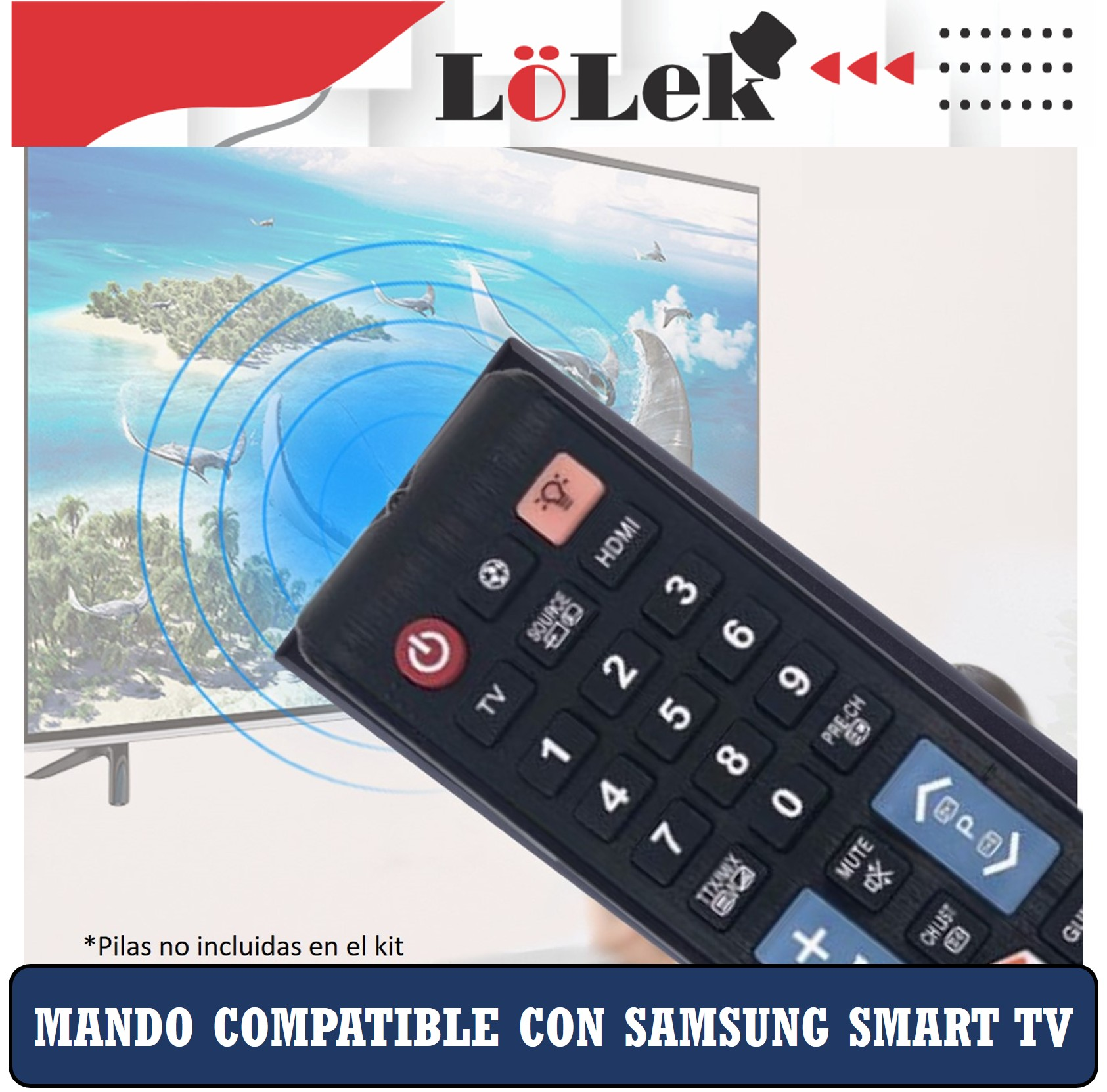 Mando a distancia sobre una pantalla de TV con playa y pájaros. Texto: 'Mando Compatible con Samsung Smart TV'.