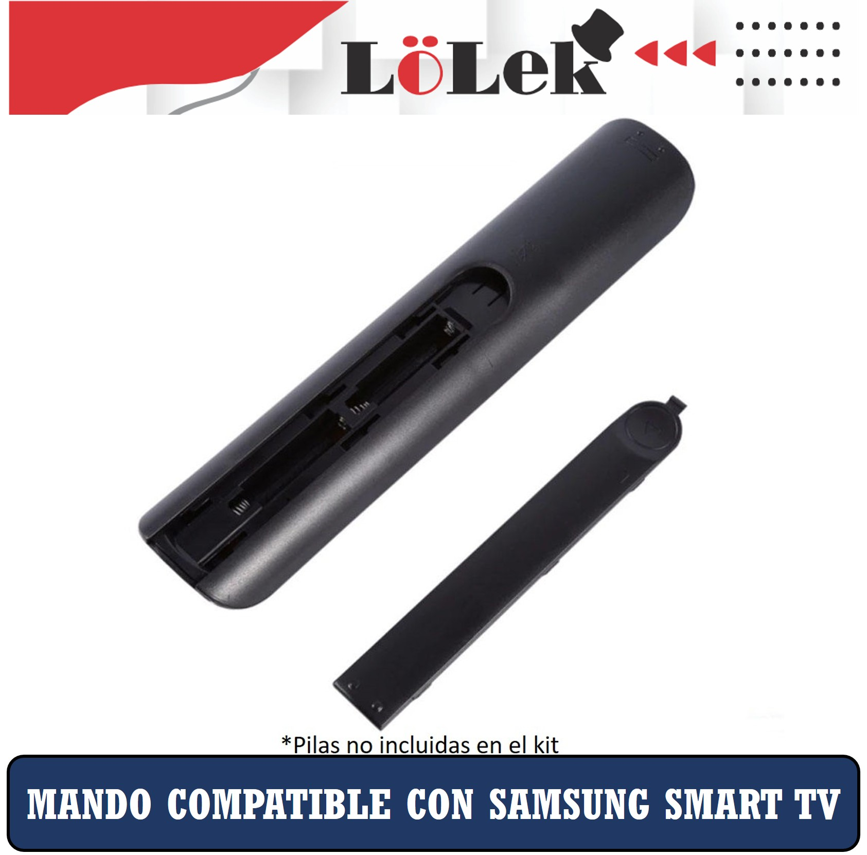 Piezas de mando a distancia negras, con la etiqueta 'Mando compatible con Samsung Smart TV'. El fondo es blanco.
