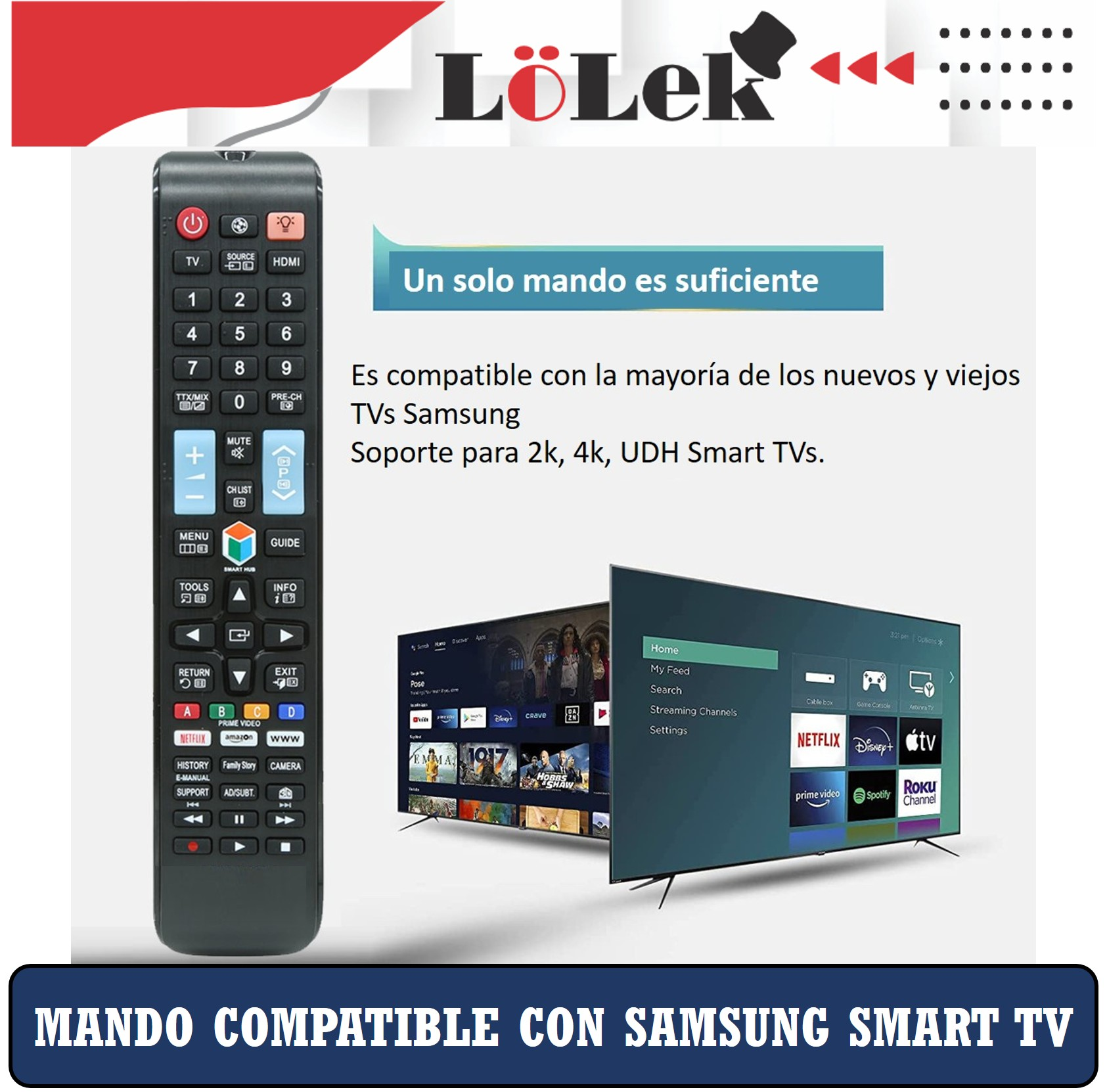 Mando a distancia sobre una pantalla de TV con interfaz de Smart TV. Texto: 'Mando Compatible con Samsung Smart TV'.