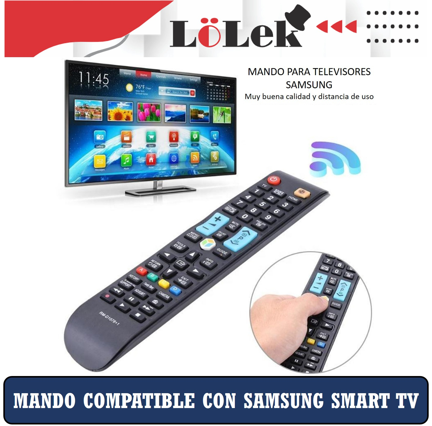 Un mando a distancia negro con botones y una pantalla que muestra un televisor. El mando es para televisores Samsung.