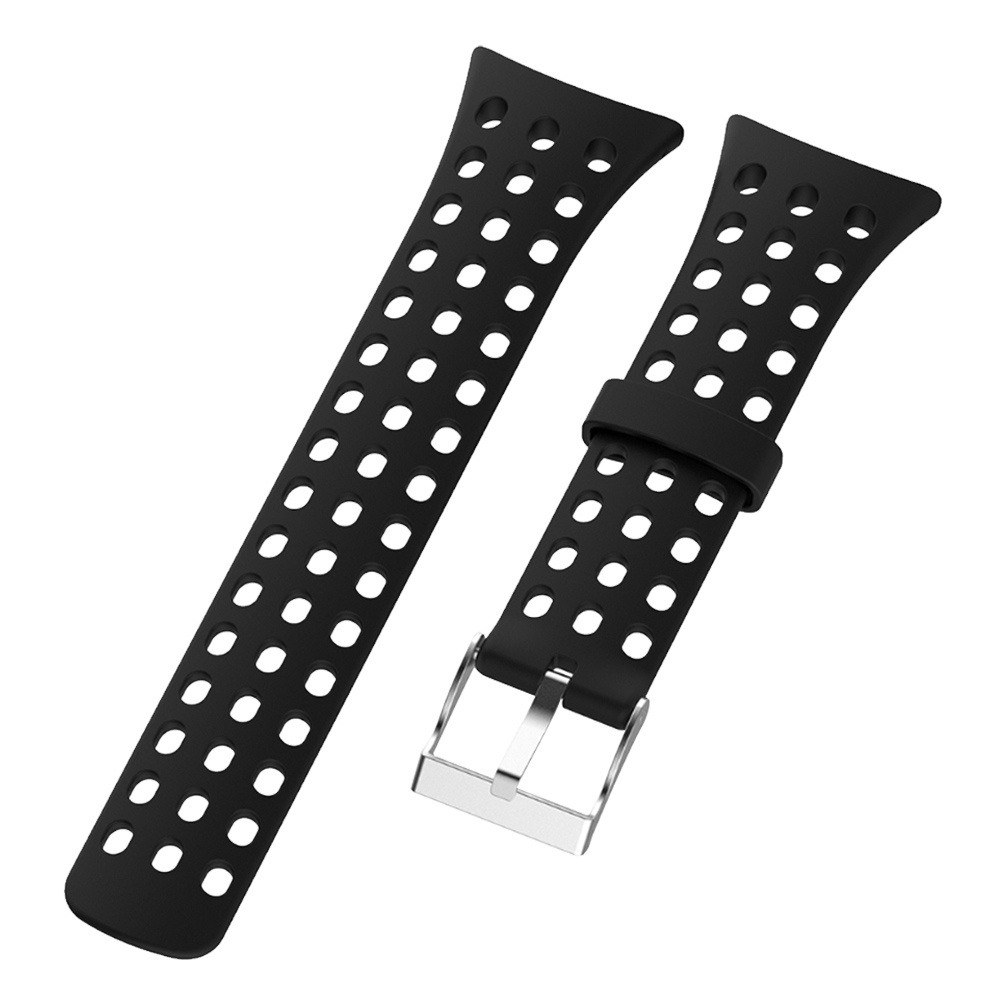 Zwei schwarze Uhrenarmbänder mit Löchern und einer Schnalle. Sie sind für eine Smartwatch konzipiert.