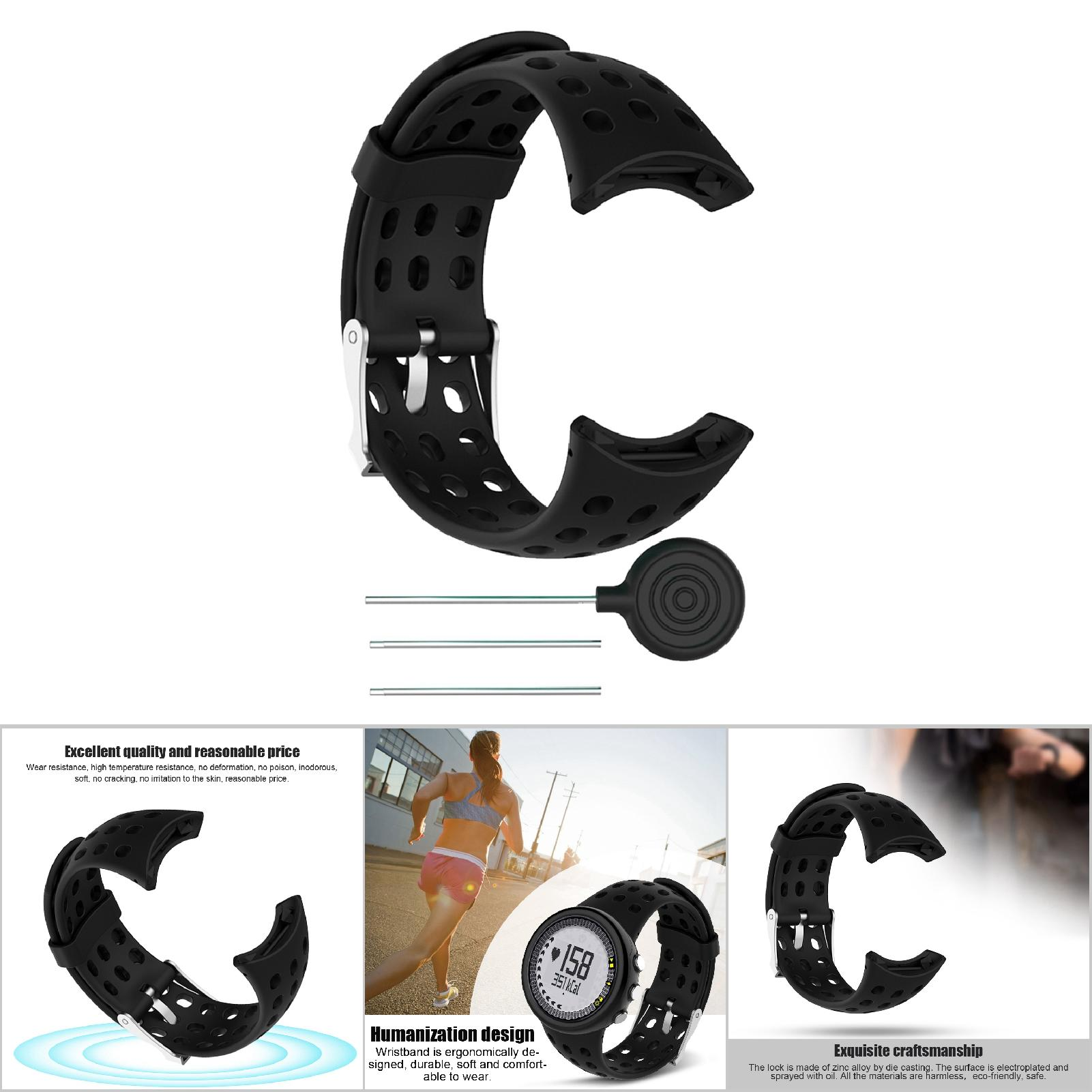 Ein schwarzes Armband mit Löchern, einer Schnalle und Text über das Armband.