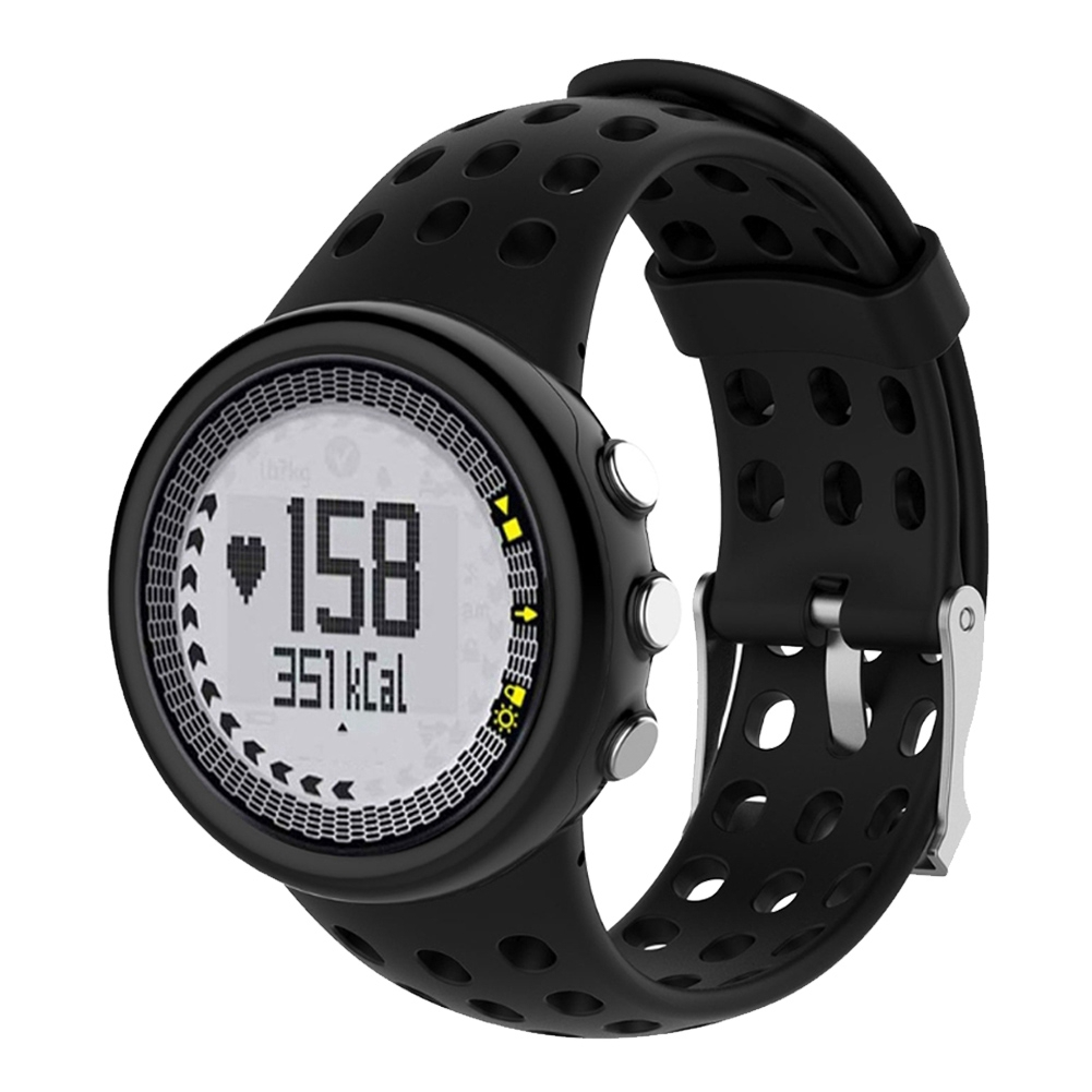 Eine schwarze Smartwatch mit Datendisplay. Es hat ein schwarzes Armband mit Perforationen.