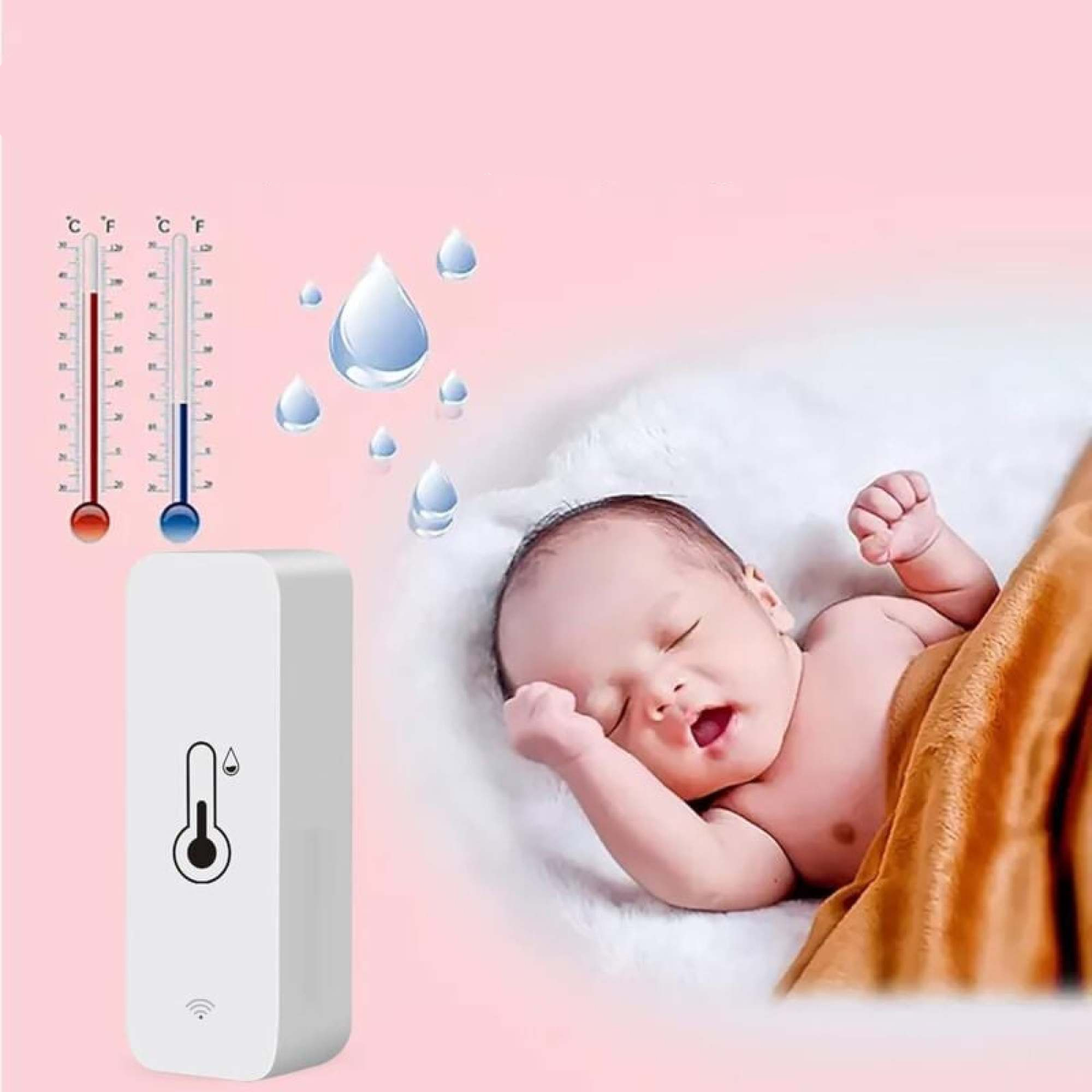 Ein schlafendes Baby, ein Luftbefeuchter und Temperaturanzeigen.