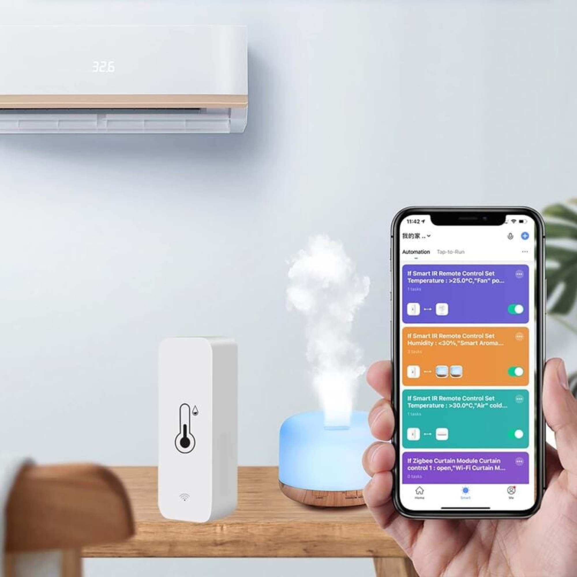 Ein Smart-Home-Setup, das ein Telefon zeigt, das einen Luftbefeuchter mit einem Klimagerät steuert.