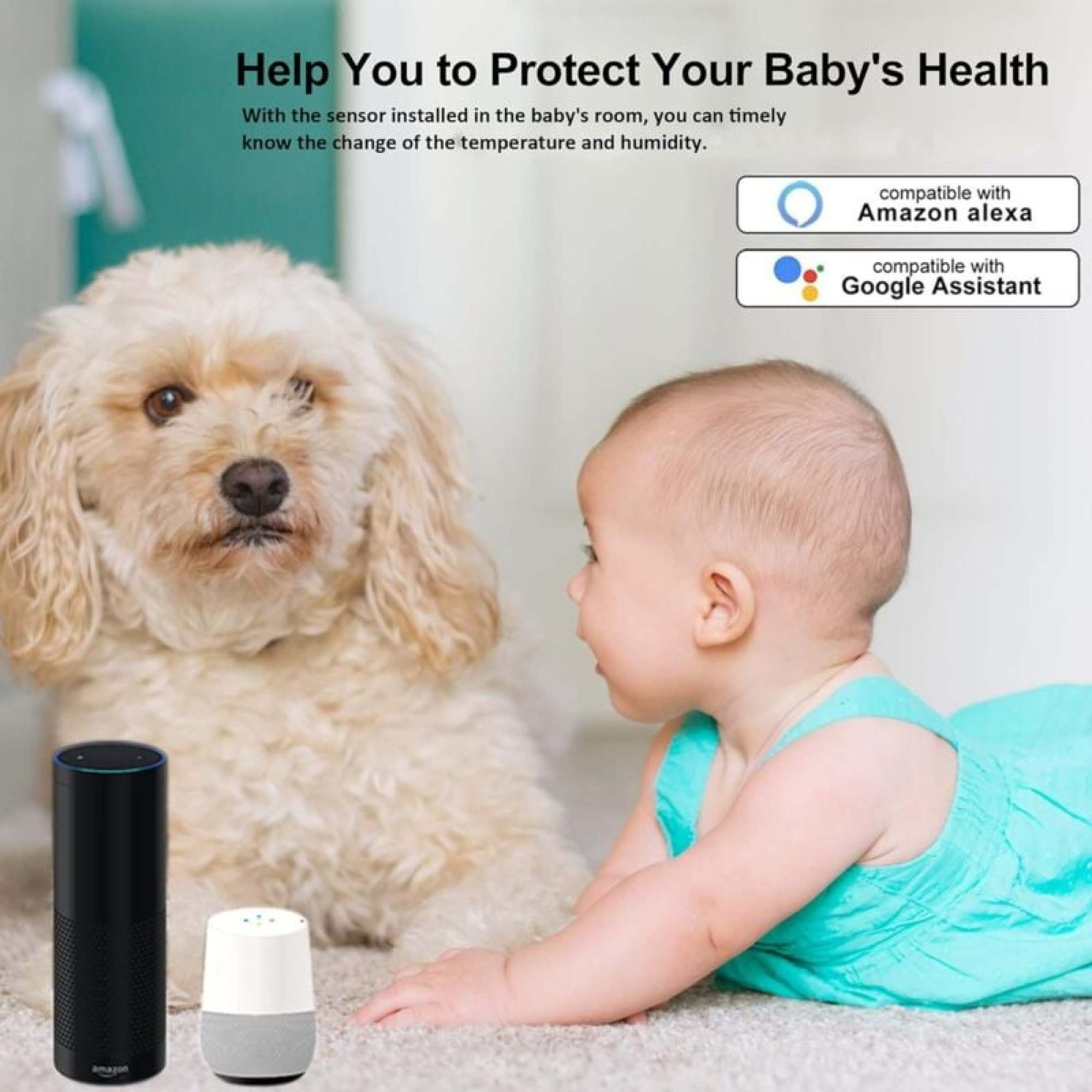 Ein Baby und ein Hund sind in der Nähe von intelligenten Lautsprechern. Der Text deutet auf die Überwachung der Gesundheit des Babys hin.