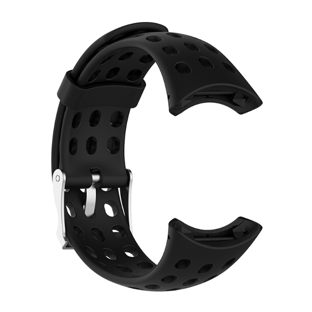 Ein schwarzes Armband. Es hat Löcher und eine silberne Schnalle.