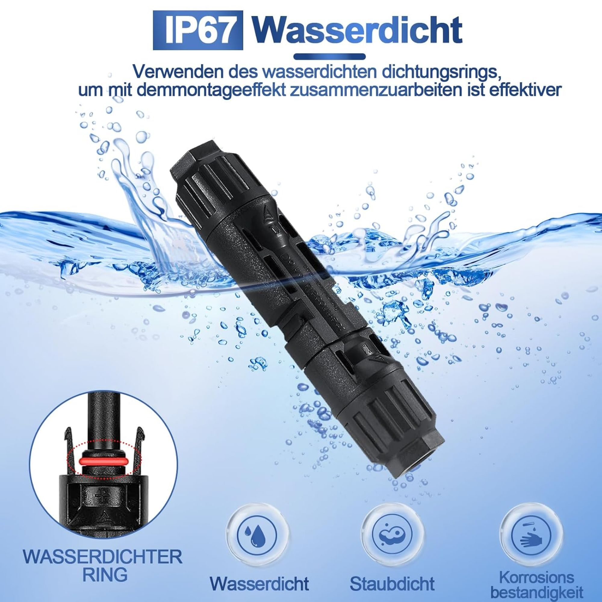 Stecker im Wasser, IP67-Bewertung, mit Etiketten für 'WASSERDICHTER RING', 'Wasserdicht' und 'Staubdicht'.