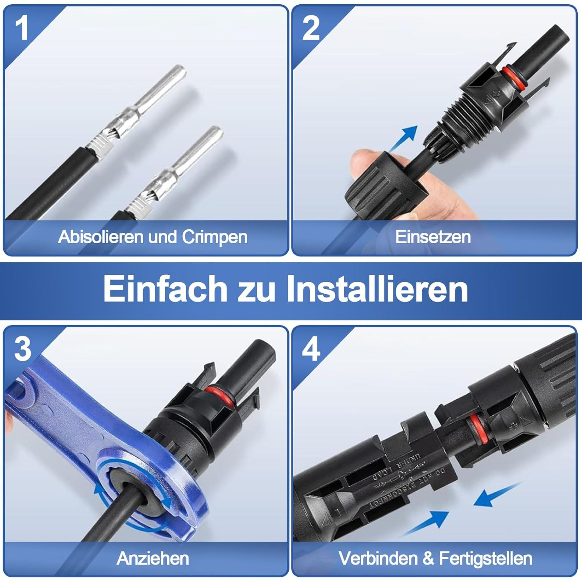 Schritt-für-Schritt-Anleitung zur Installation von Solarsteckern. Zeigt Abisolieren, Crimpen, Einsetzen und Anziehen.