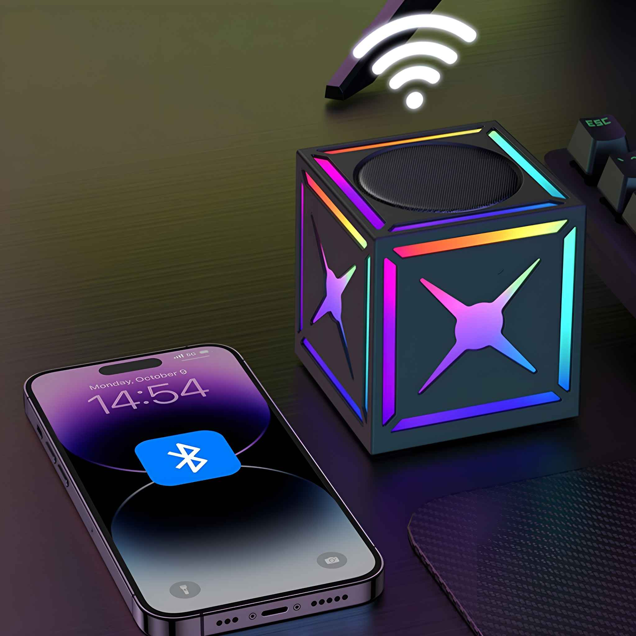 Schwarzer Würfel-Lautsprecher neben einem Telefon, das eine Bluetooth-Verbindung anzeigt, WLAN-Symbol oben.