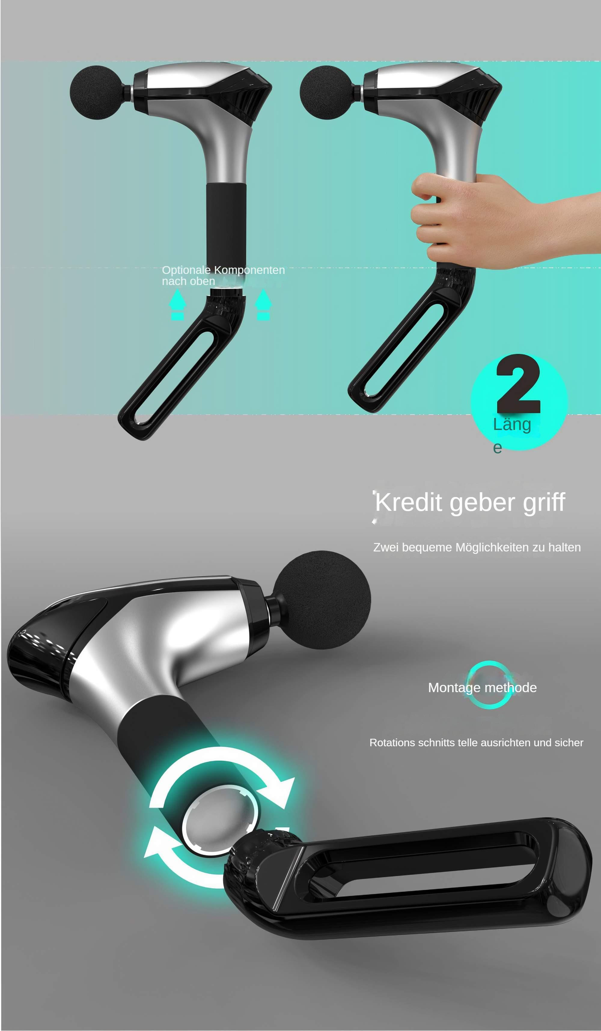 Diagramm einer Massagepistole mit verschiedenen Teilen und Pfeilen. Mehrere Ansichten und Konfigurationen.
