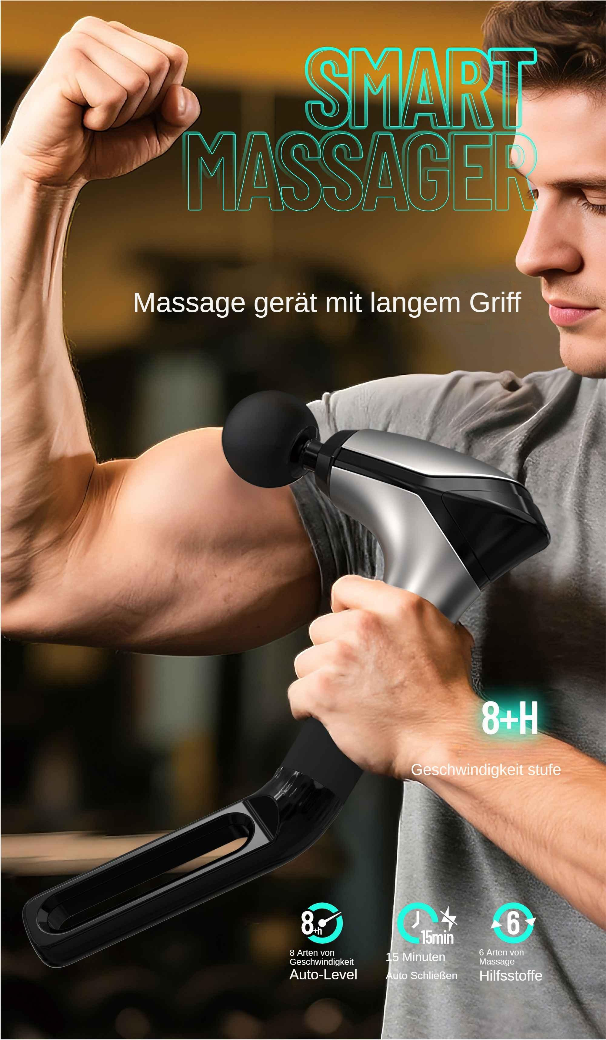 Ein Mann benutzt eine Massagepistole an seinem Arm, mit Text zum Produkt.