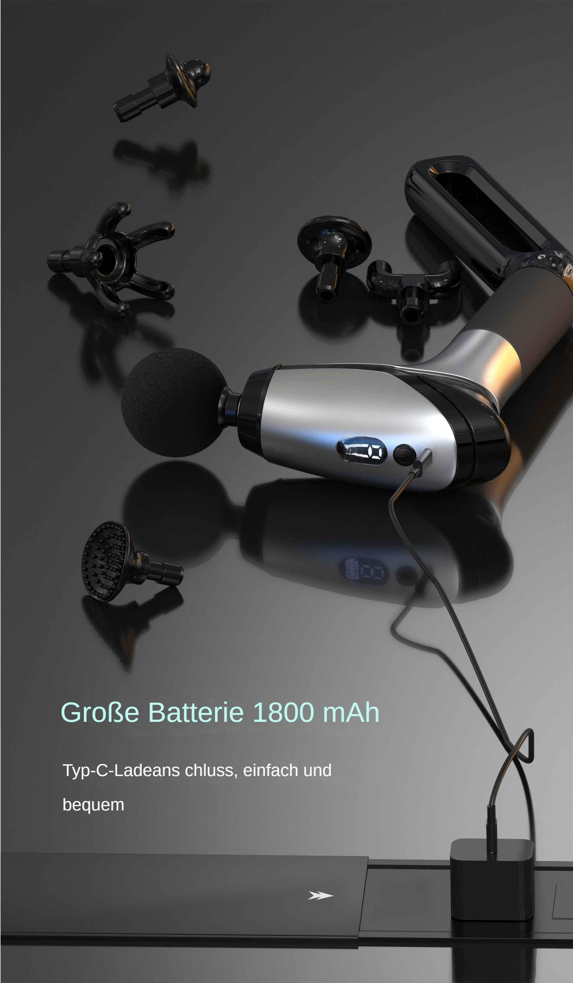 Massagepistole mit verschiedenen Aufsätzen neben einem Ladekabel und Netzteil.