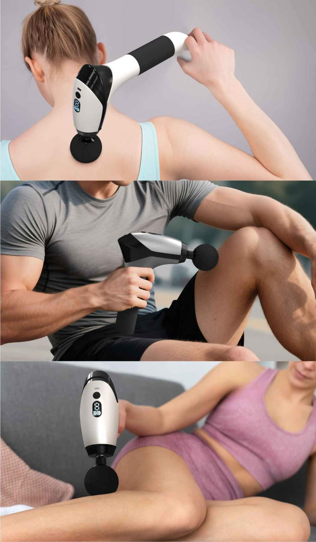 Eine Reihe von Bildern, die zeigen, wie eine Massagepistole an verschiedenen Körperteilen verwendet wird.