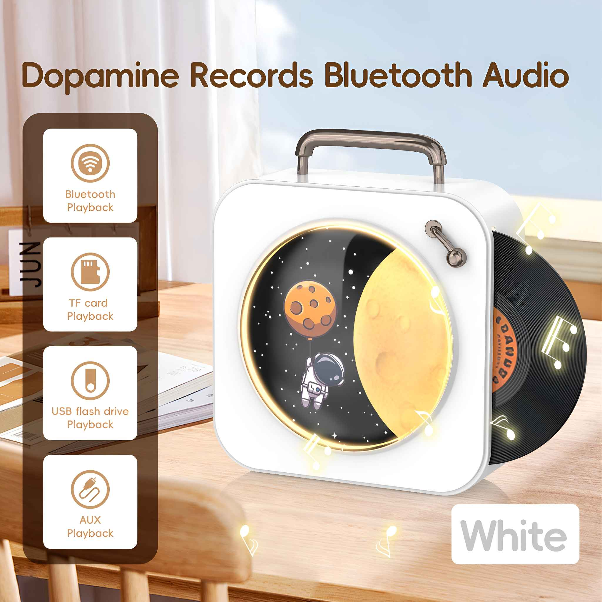Ein weißes Audiogerät mit einer Vinylplatte im Inneren, mit Text und Symbolen.