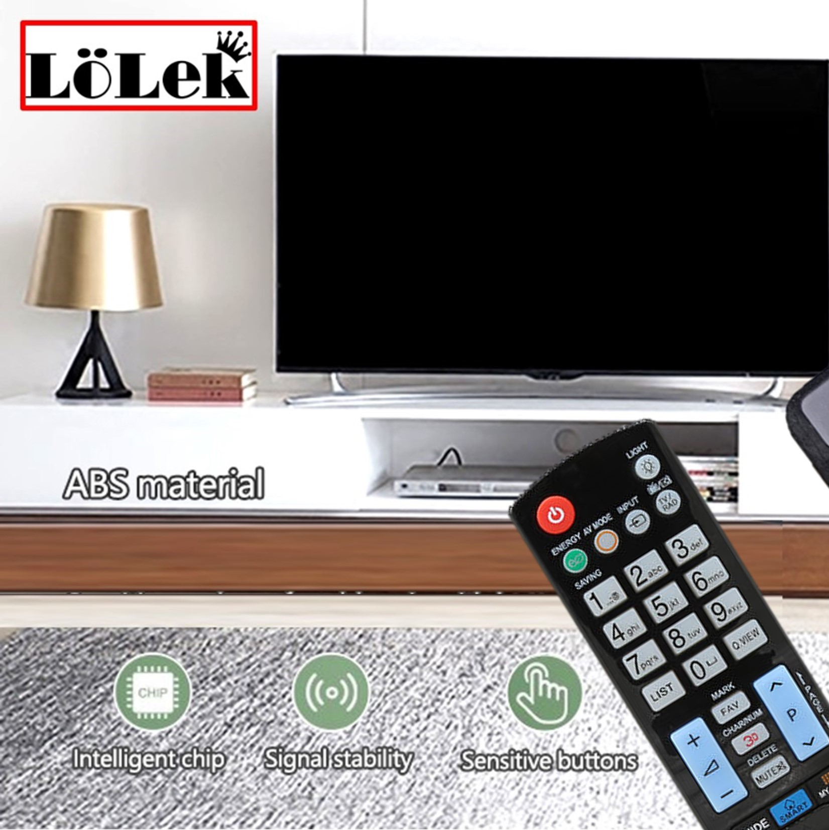 Un mando a distancia de TV con muchos botones sobre un fondo con un televisor y un soporte blanco.