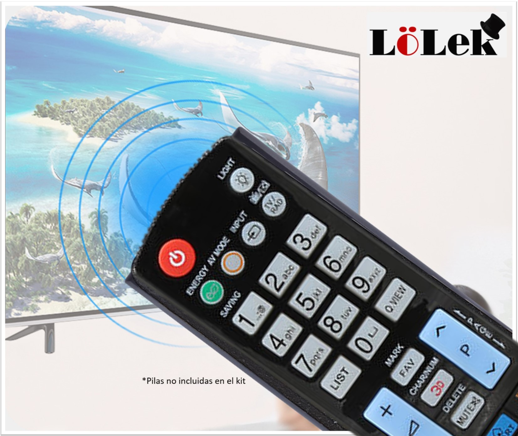 Una pantalla de TV y un mando a distancia con muchos botones. El fondo tiene un efecto de luz azul y un televisor.