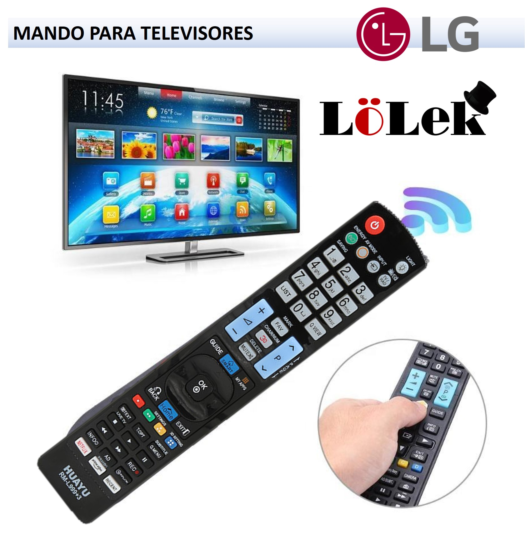Un mando a distancia negro frente a una pantalla de TV, con el logo de LG y un logo de LoLek en la parte superior.