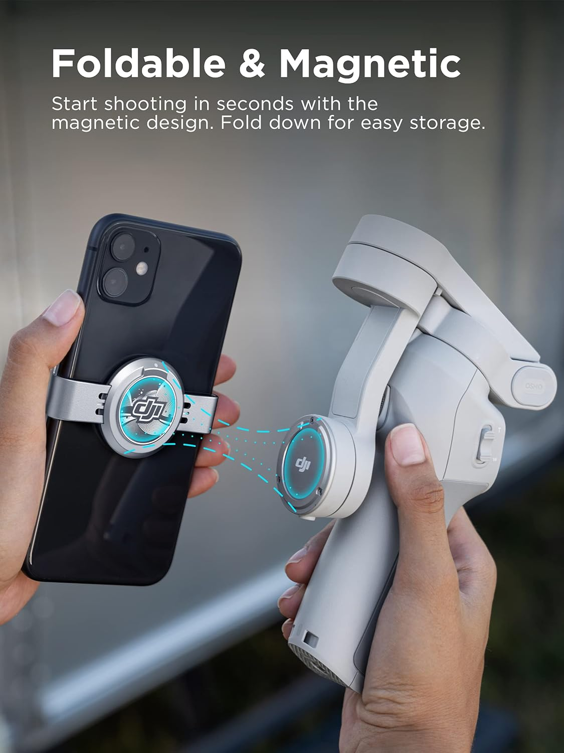 Hände halten ein Telefon und einen weißen Stabilisator, mit magnetischer Verbindung und DJI-Logo.