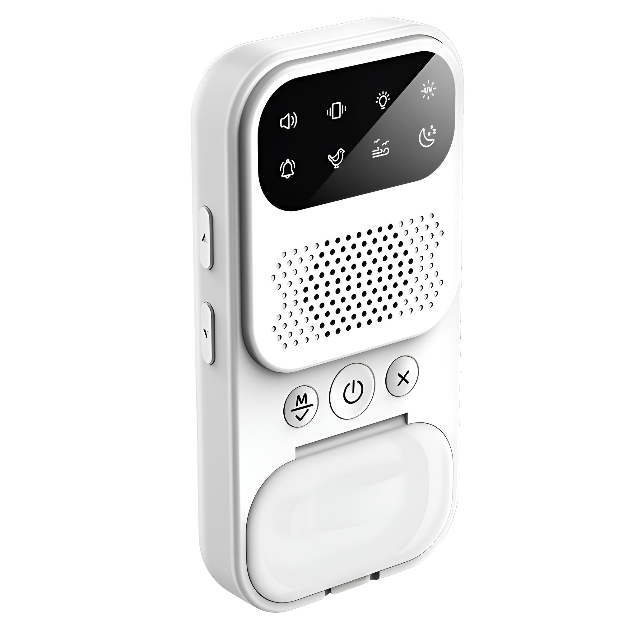 Ein weißer Babyphone mit Bildschirm, Knöpfen und verschiedenen Anzeigesymbolen.