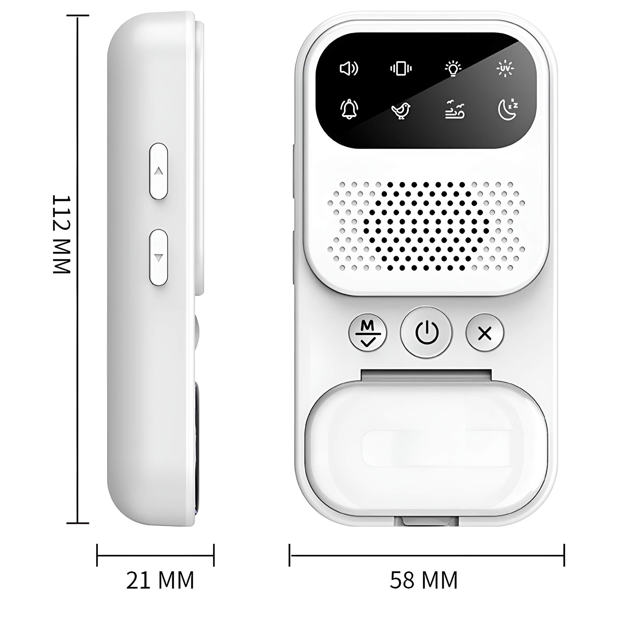 Ein weißer Babyphone mit Knöpfen und Lautsprecher. Abmessungen werden angezeigt. Seitenansicht zeigt Tasten.