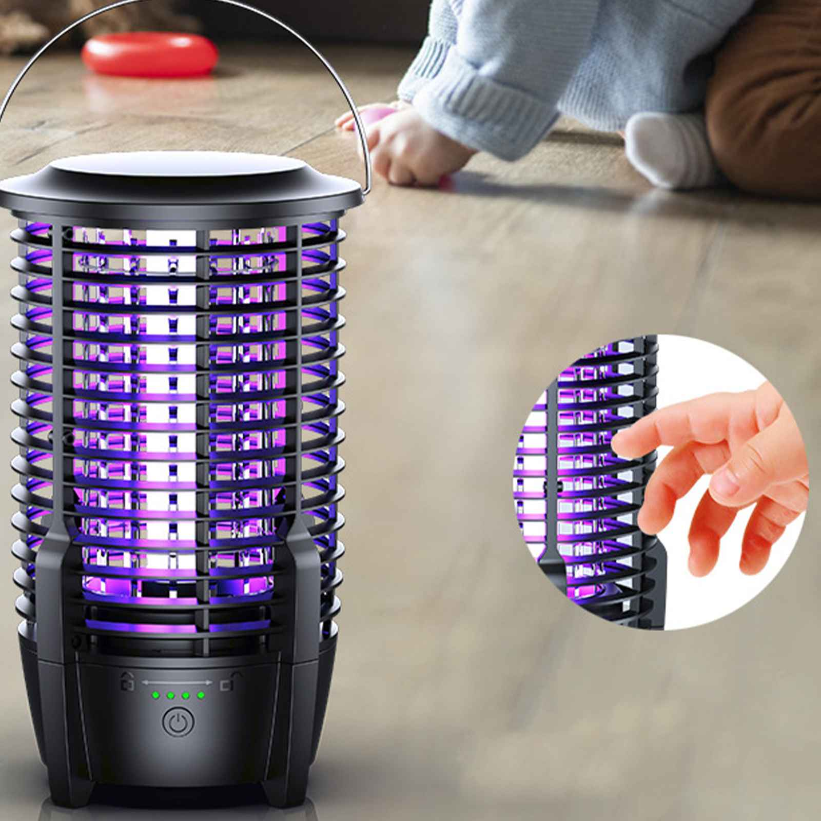 Ein Insektenvernichter mit lila Licht, eine Hand in der Ecke und ein Baby.