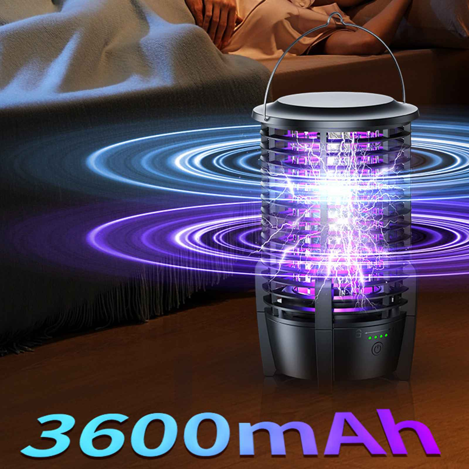 Eine schwarze Moskitofalle mit lila Licht und Griff. Zeigt die Batteriekapazität als 3600 mAh.