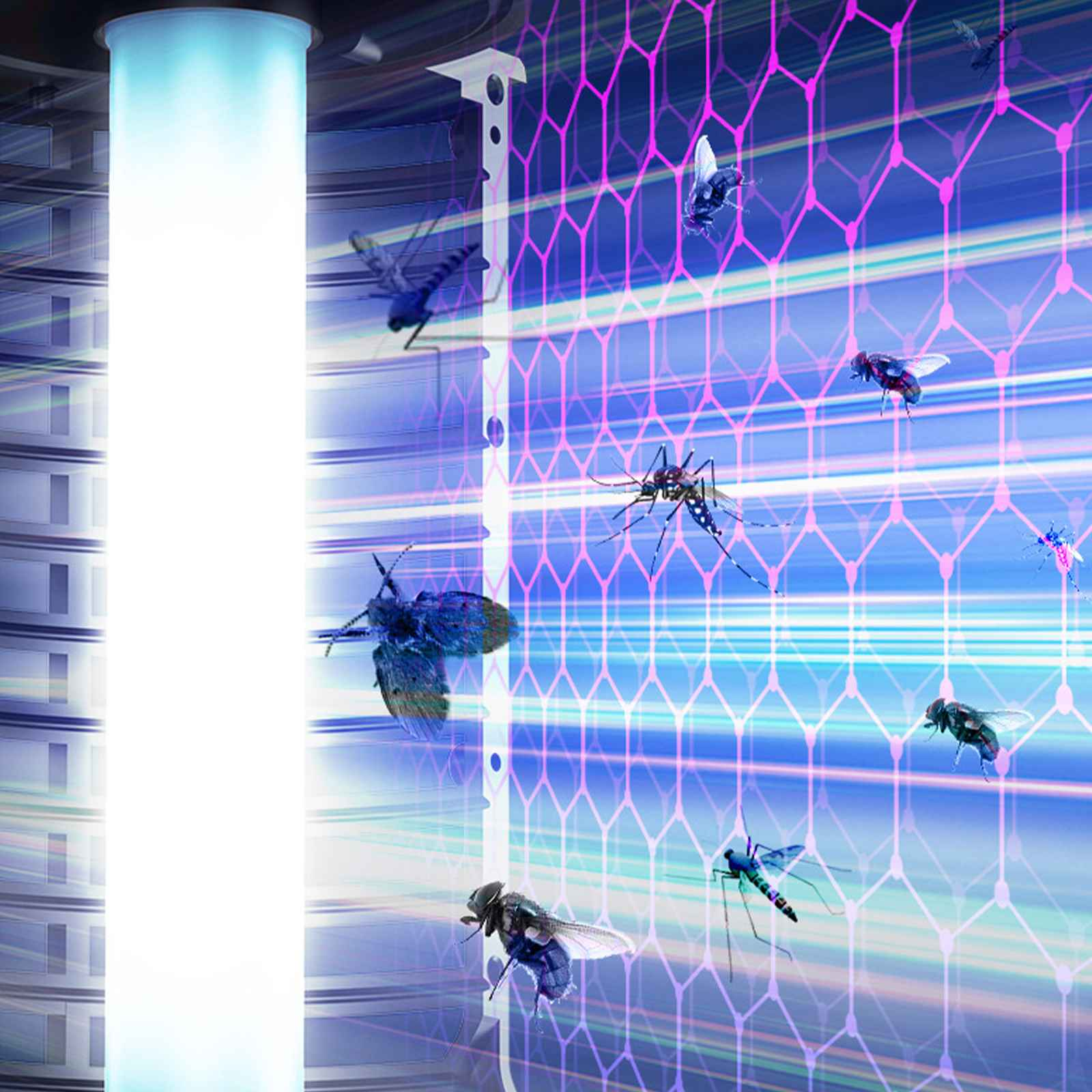 Nahaufnahme eines Lichts mit hellem Licht und mehreren Insekten. Das Licht hat einen blauen Schein.