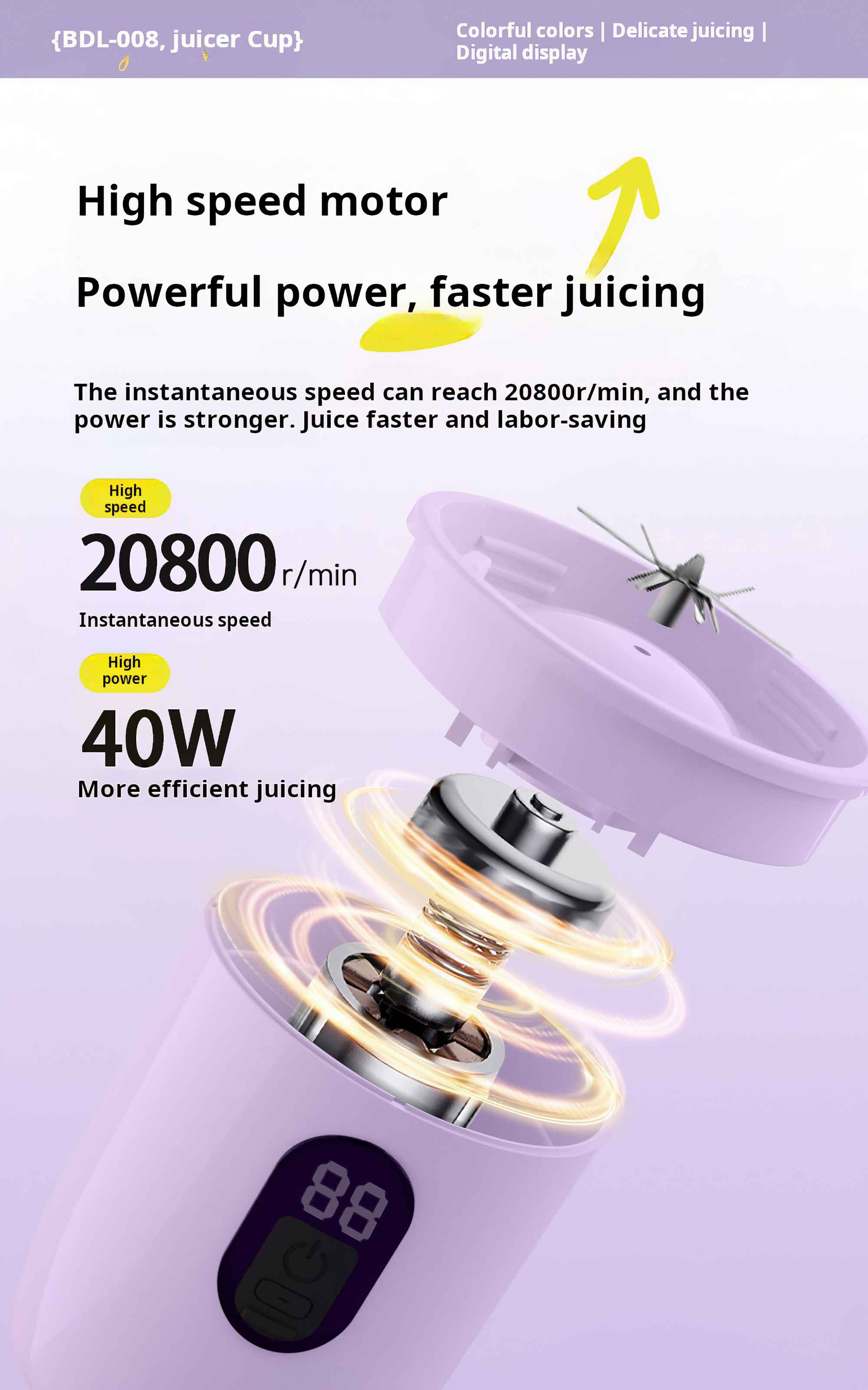 Ein zerlegter lila Mixer mit Text über Geschwindigkeit und Leistung.