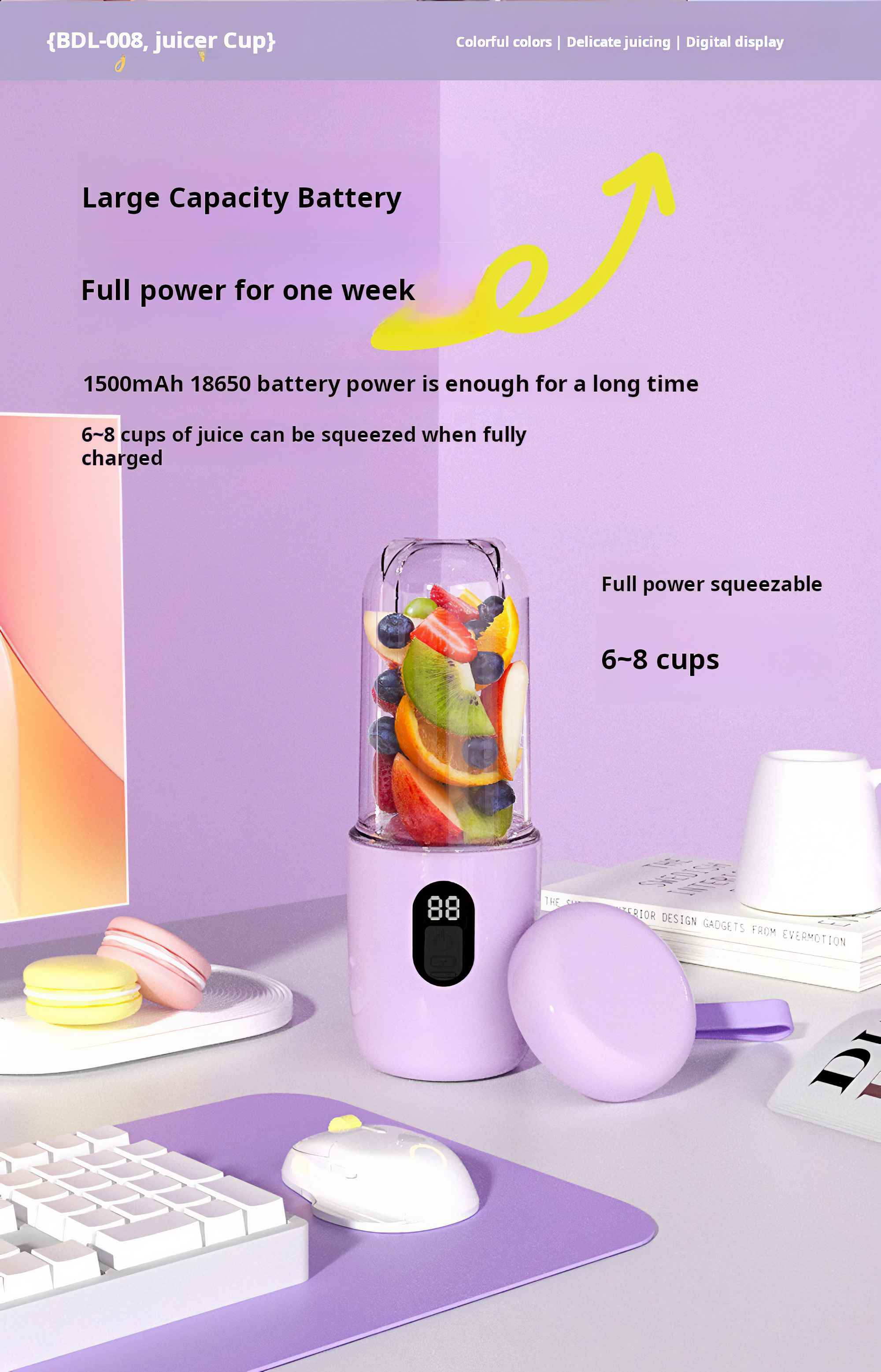 Ein tragbarer Mixer mit Früchten, Digitalanzeige und separatem Deckel. Text beschreibt die Batteriekapazität.