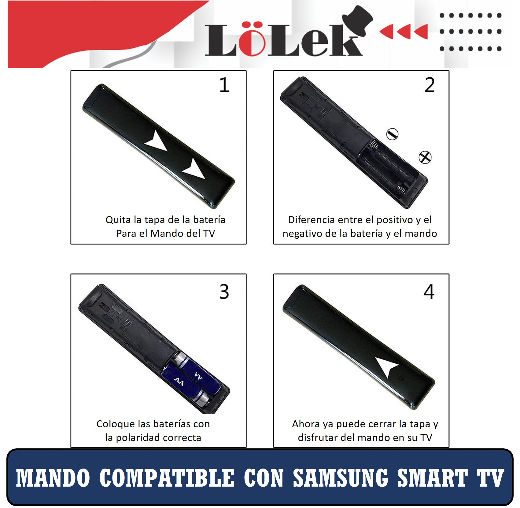 Instrucciones para un mando a distancia de TV inteligente Samsung, mostrando los pasos de reemplazo de la batería.