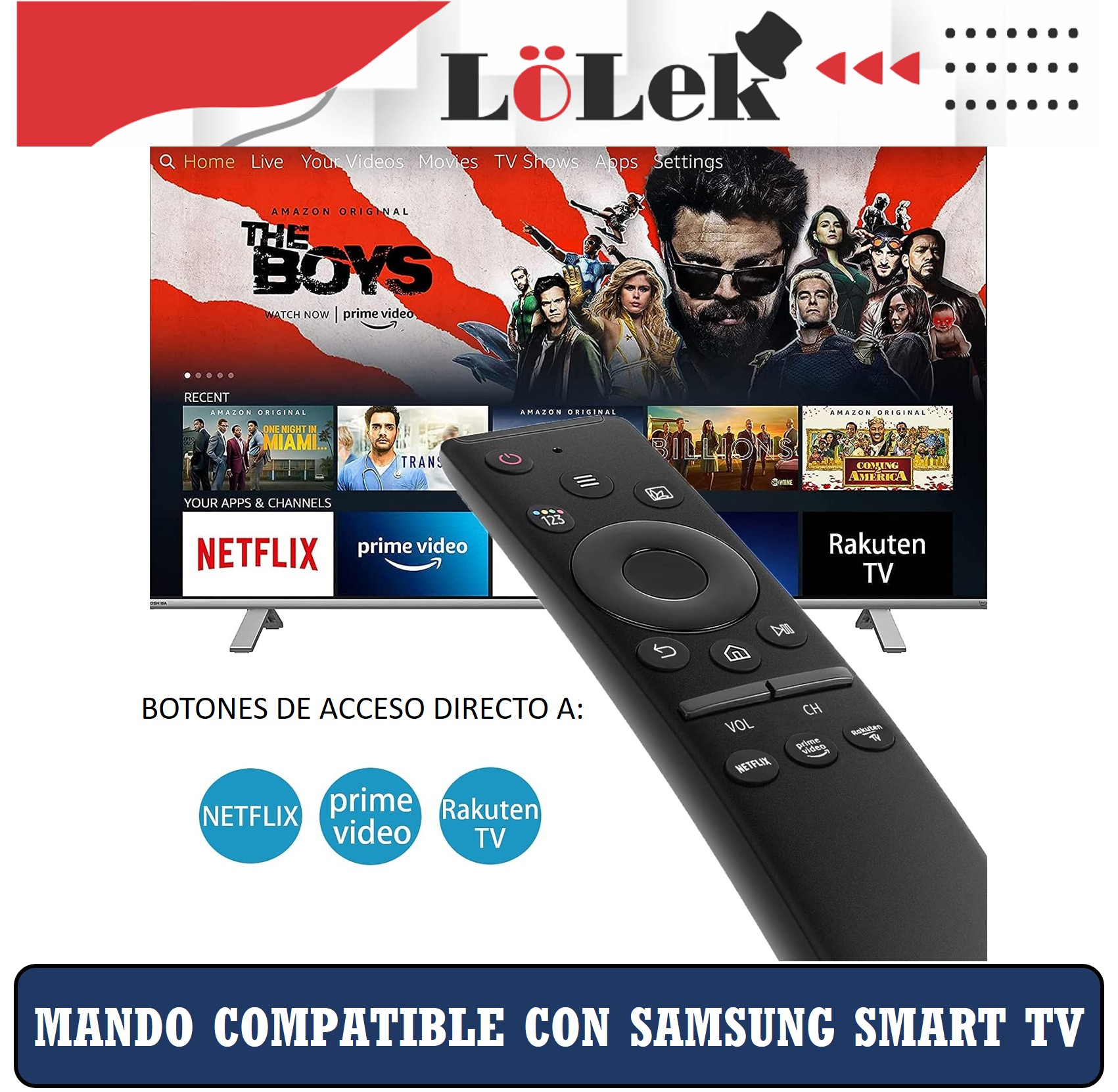Una pantalla de TV que muestra un servicio de transmisión. Un mando a distancia está en primer plano, con botones para servicios.