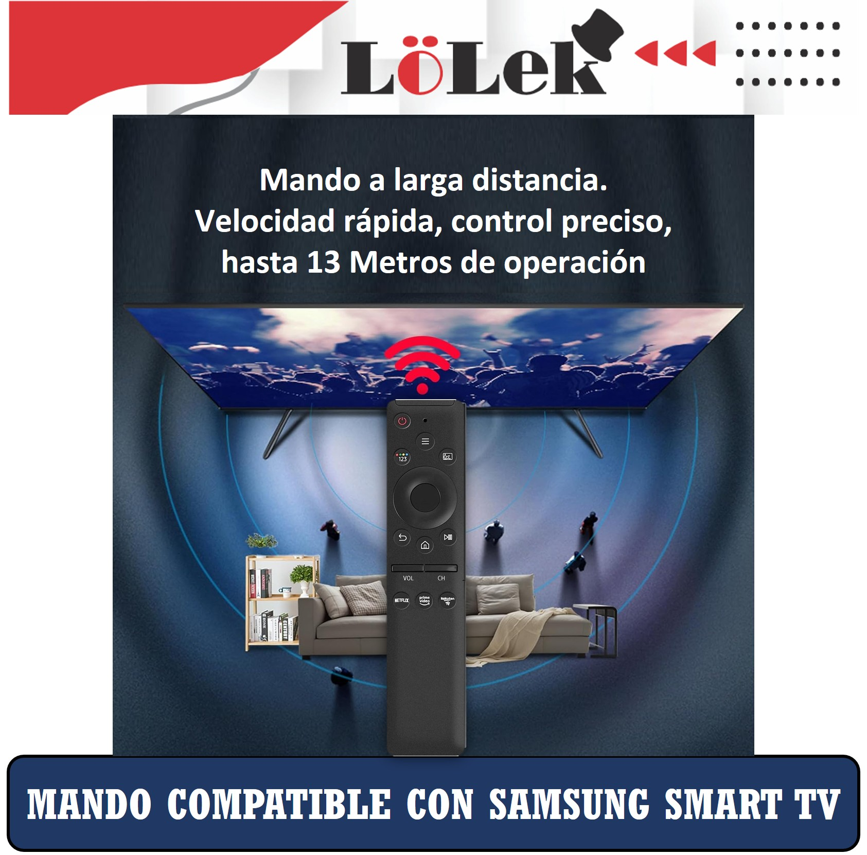 Un mando a distancia Samsung Smart TV y texto sobre sus funciones y alcance.
