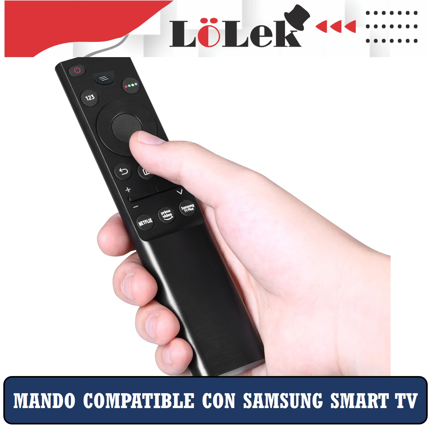 Una mano sosteniendo un mando a distancia negro con botones, sobre un fondo azul.