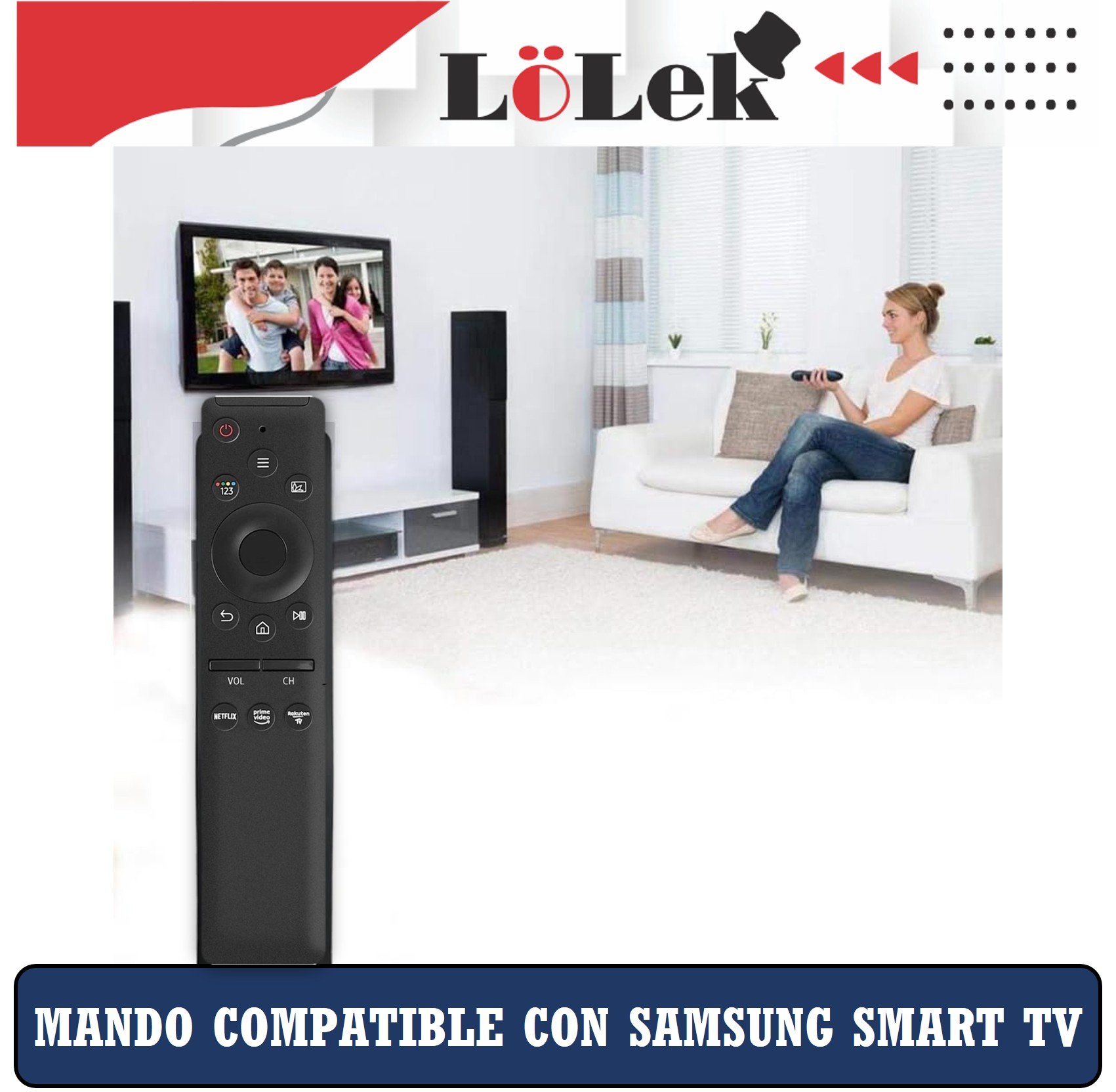 Una mujer está usando un mando a distancia negro, sentada en un sofá blanco, viendo un smart TV.