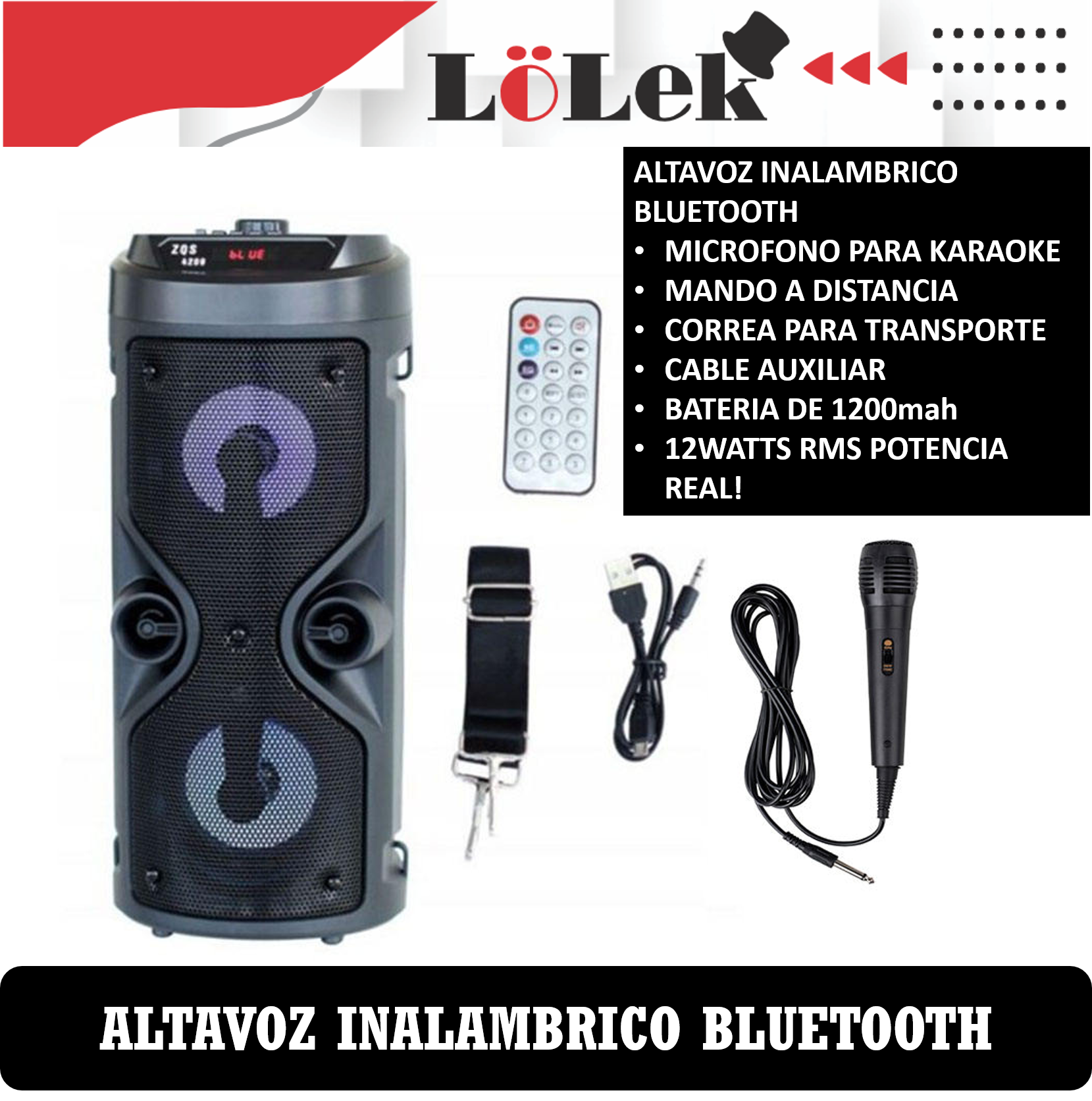 Altavoz negro y gris con accesorios. Texto en español.