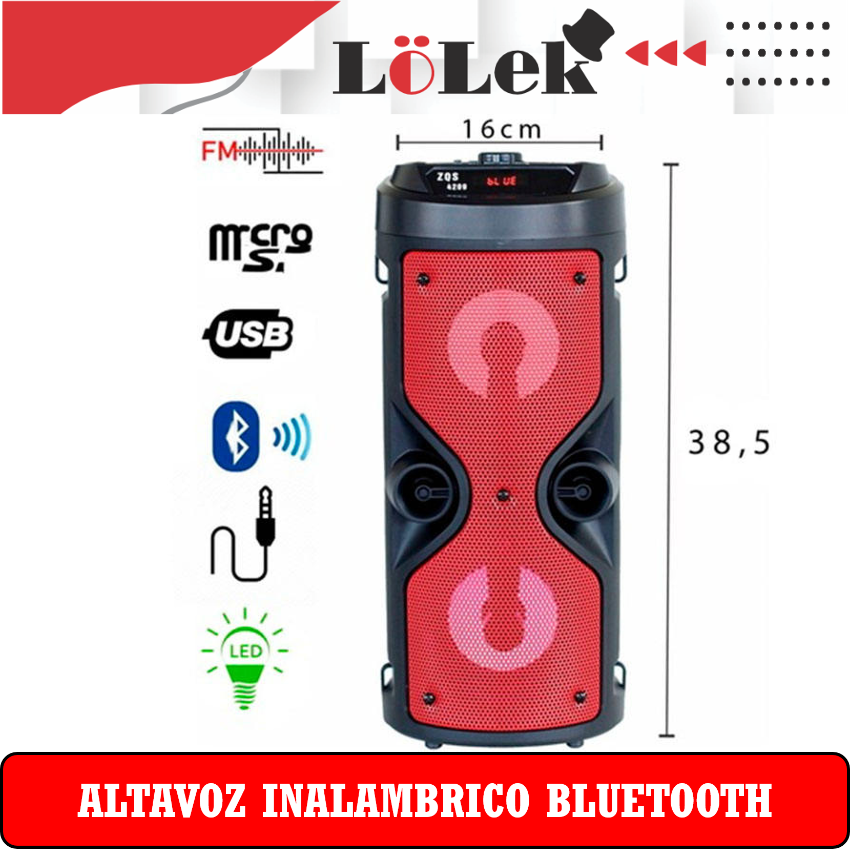 Un altavoz negro y rojo con Bluetooth y otros iconos de entrada, con dimensiones en centímetros.