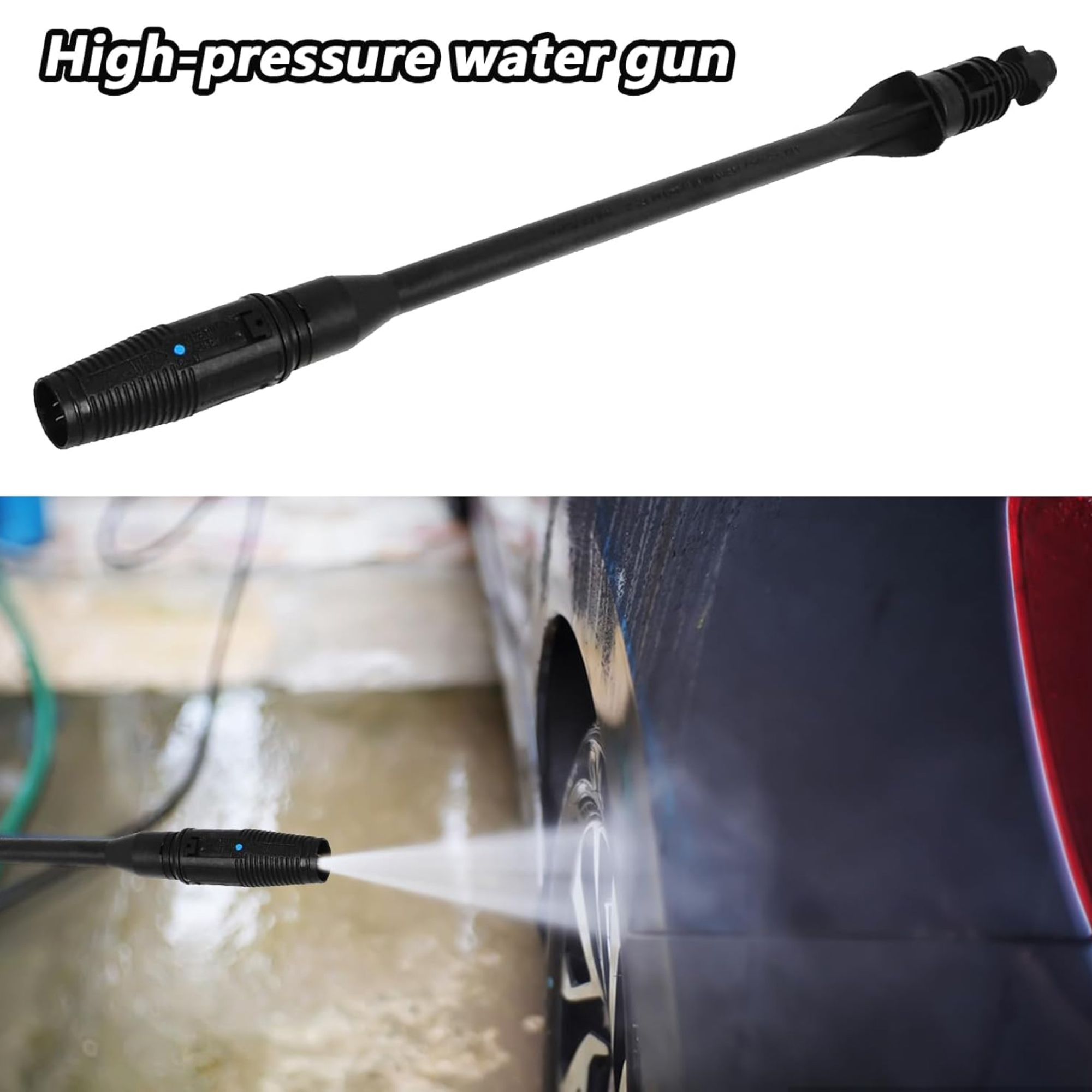 Eine schwarze Hochdruck-Wasserpistole, die Wasser auf einen Autoreifen sprüht. Das Auto ist dunkelrot.