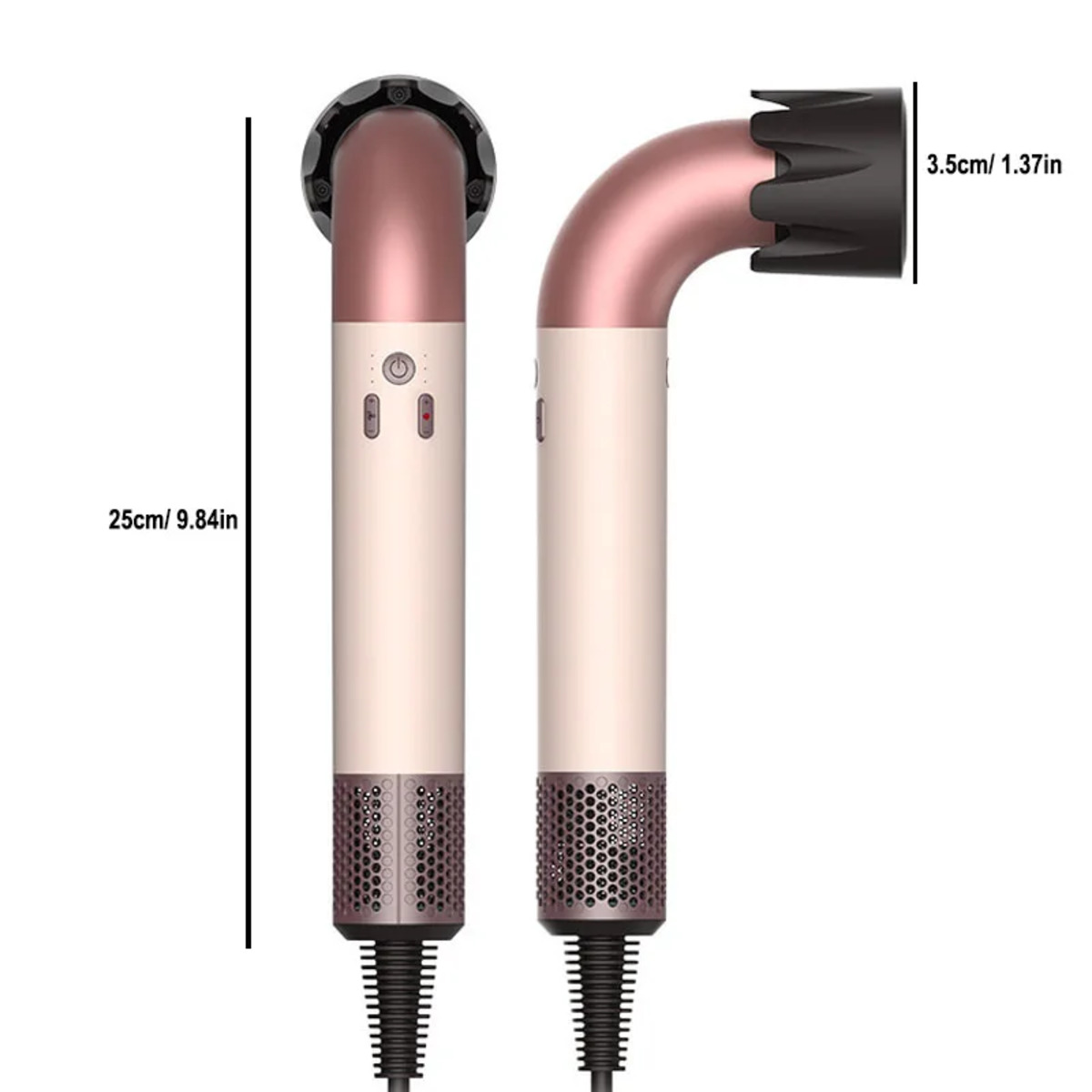 Dos secadores de pelo, con mediciones de longitud (25 cm) y ancho (3,5 cm). Tienen elementos rosas y negros.