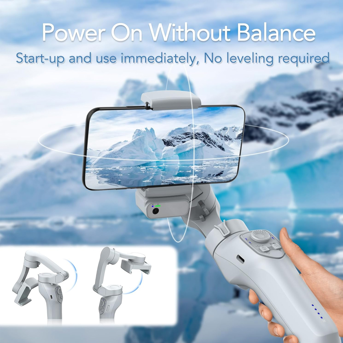 Ein weiß-grauer Telefonstabilisator mit befestigtem Telefon, vor schneebedecktem Hintergrund.