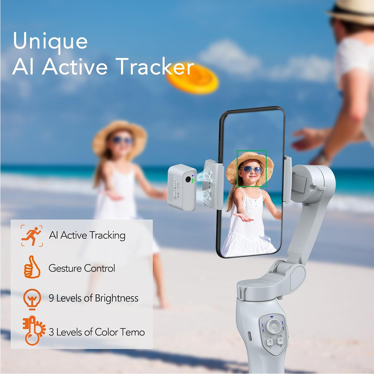 Ein Handgerät mit befestigtem Telefon verfolgt ein Mädchen. Text beschreibt KI-aktives Tracking und Gesten.