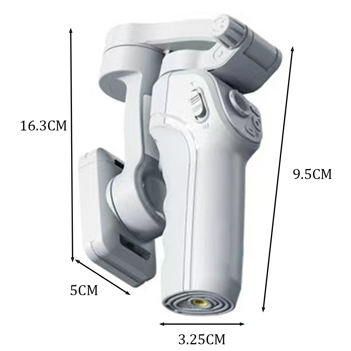 Weißer Gimbal-Stabilisator mit den Maßen: 16,3 cm, 9,5 cm, 5 cm und 3,25 cm.