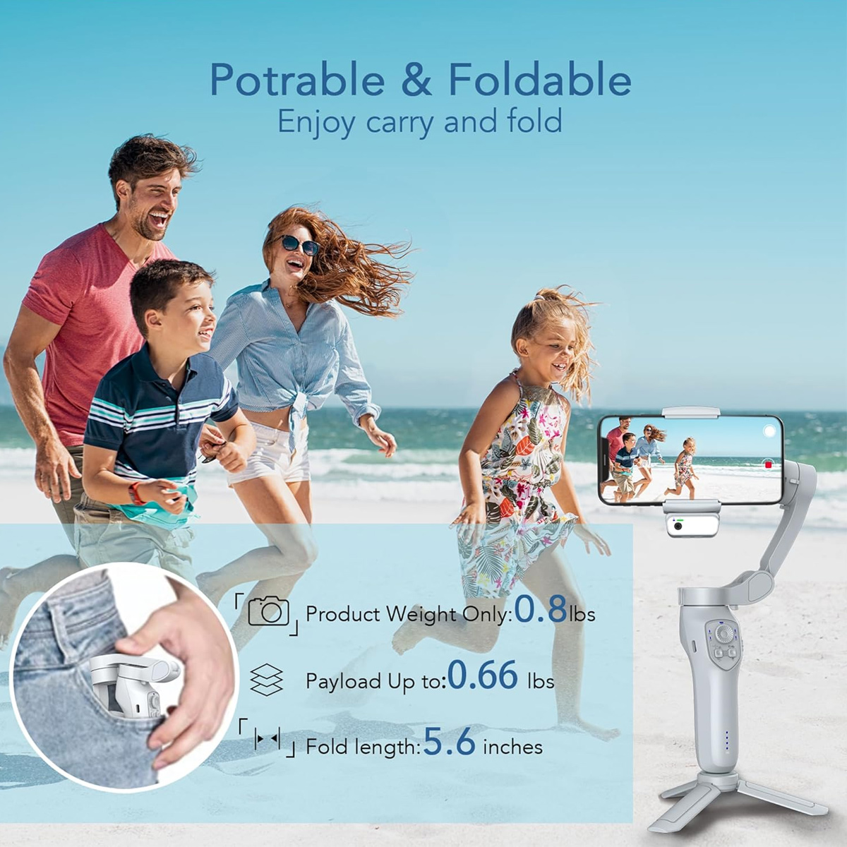 Eine Familie am Strand mit einem Handheld-Gerät. Text sagt, dass das Gerät tragbar und faltbar ist.