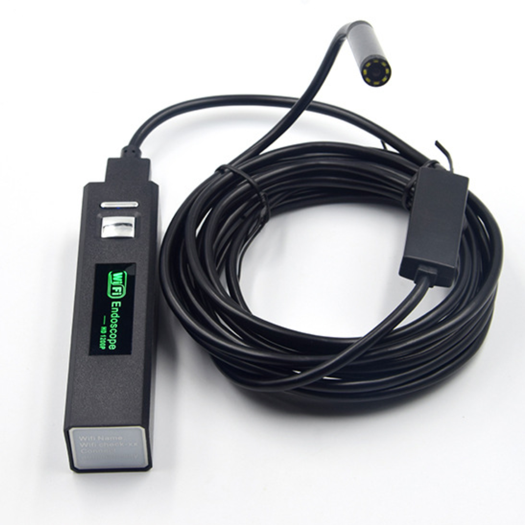 Schwarze WLAN-Endoskopkamera mit flexiblem Kabel und Display.