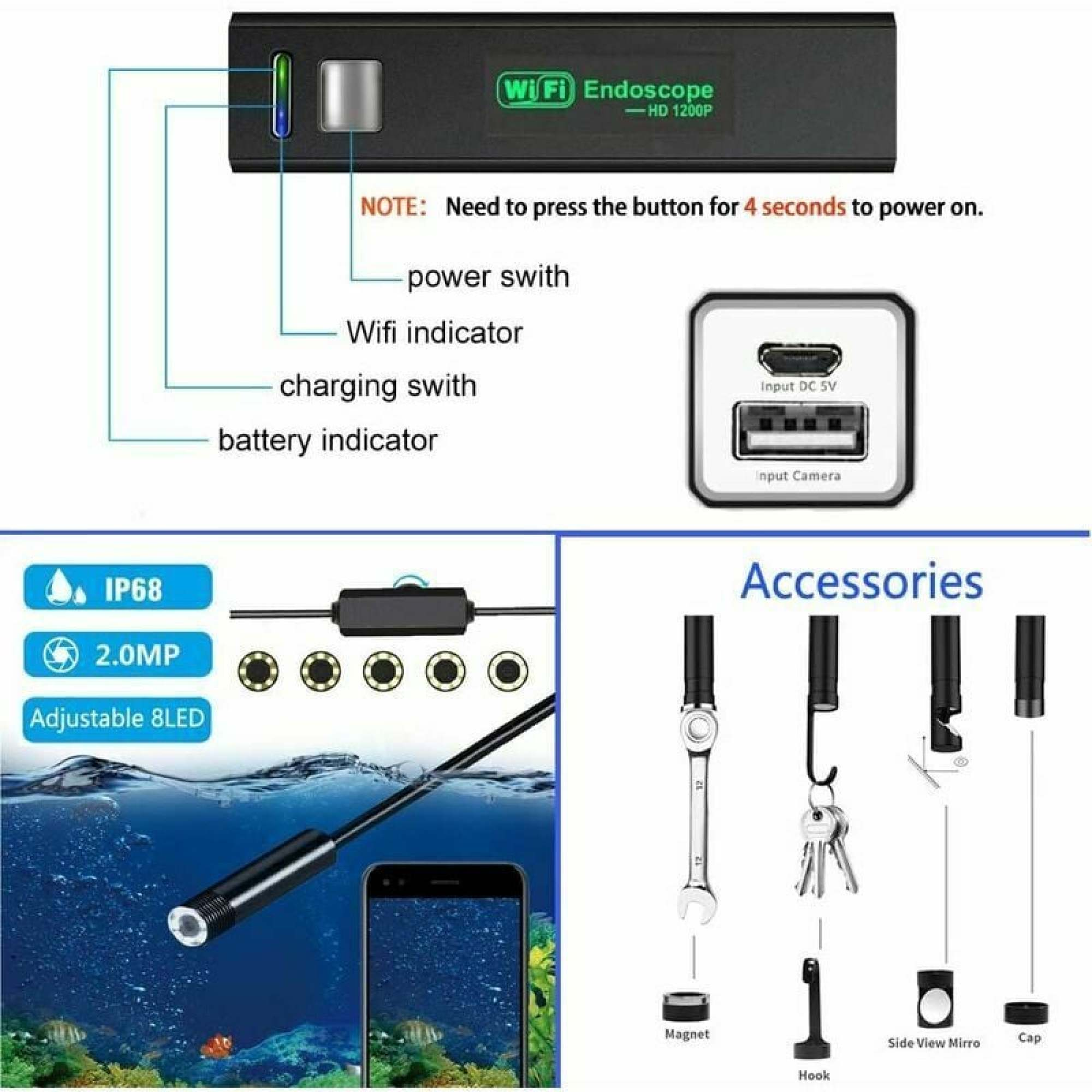 Ein detailliertes Diagramm zeigt ein WiFi-Endoskop mit beschrifteten Komponenten und Zubehör. Detailliert und informativ.