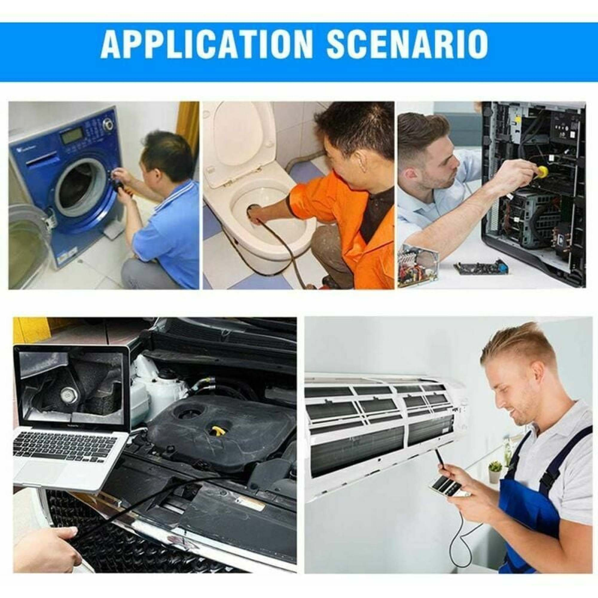 Vier Bilder mit Anwendungen einer Inspektionskamera: Auto, Klimaanlage, Toilette, Computer.