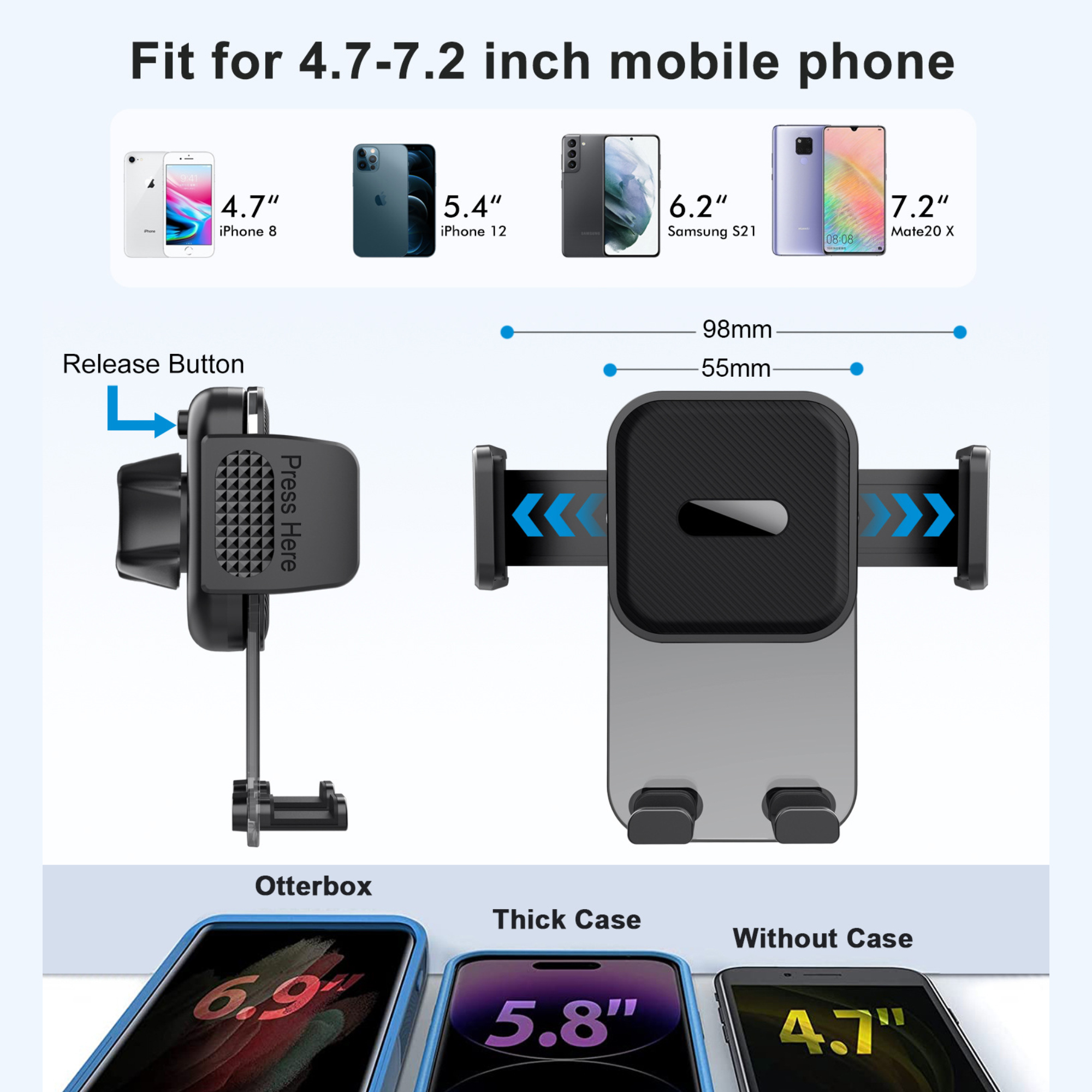 Autotelefonhalter mit 3 Handys darauf. Text zeigt die Telefone und die Hüllen, mit denen sie verwendet werden können.