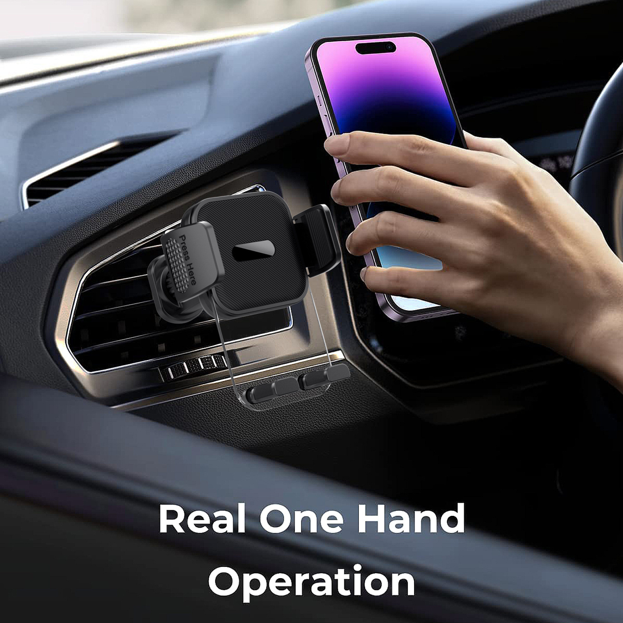 Eine Hand greift nach dem Handy, um es am Armaturenbrett zu befestigen. Text: Echte Einhandbedienung.