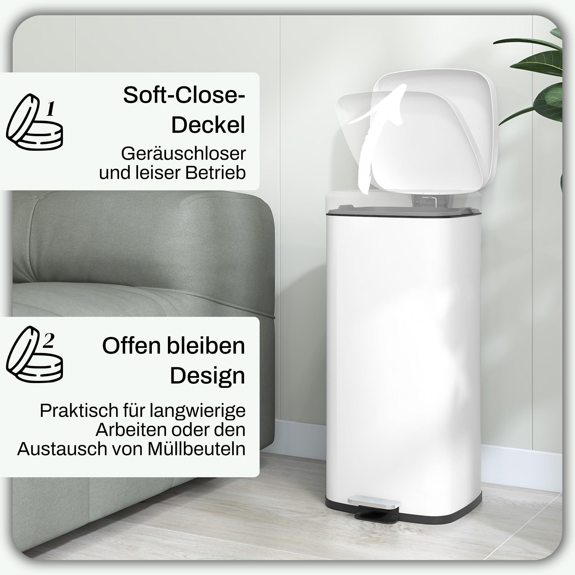 Weißer Mülleimer mit offenem Deckel, neben einem grauen Sofa. Text über Soft-Close und offenes Design.